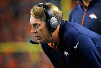 DENVER, CO - SEPTEMBER 07:  Defensive coordinator Jack Del Rio of the Denver Broncos runs the defense against the Indianapolis Colts at Sports Authority Field at Mile High on September 7, 2014 in Denver, Colorado. The Broncos defeated the Colts 31-24.  (P