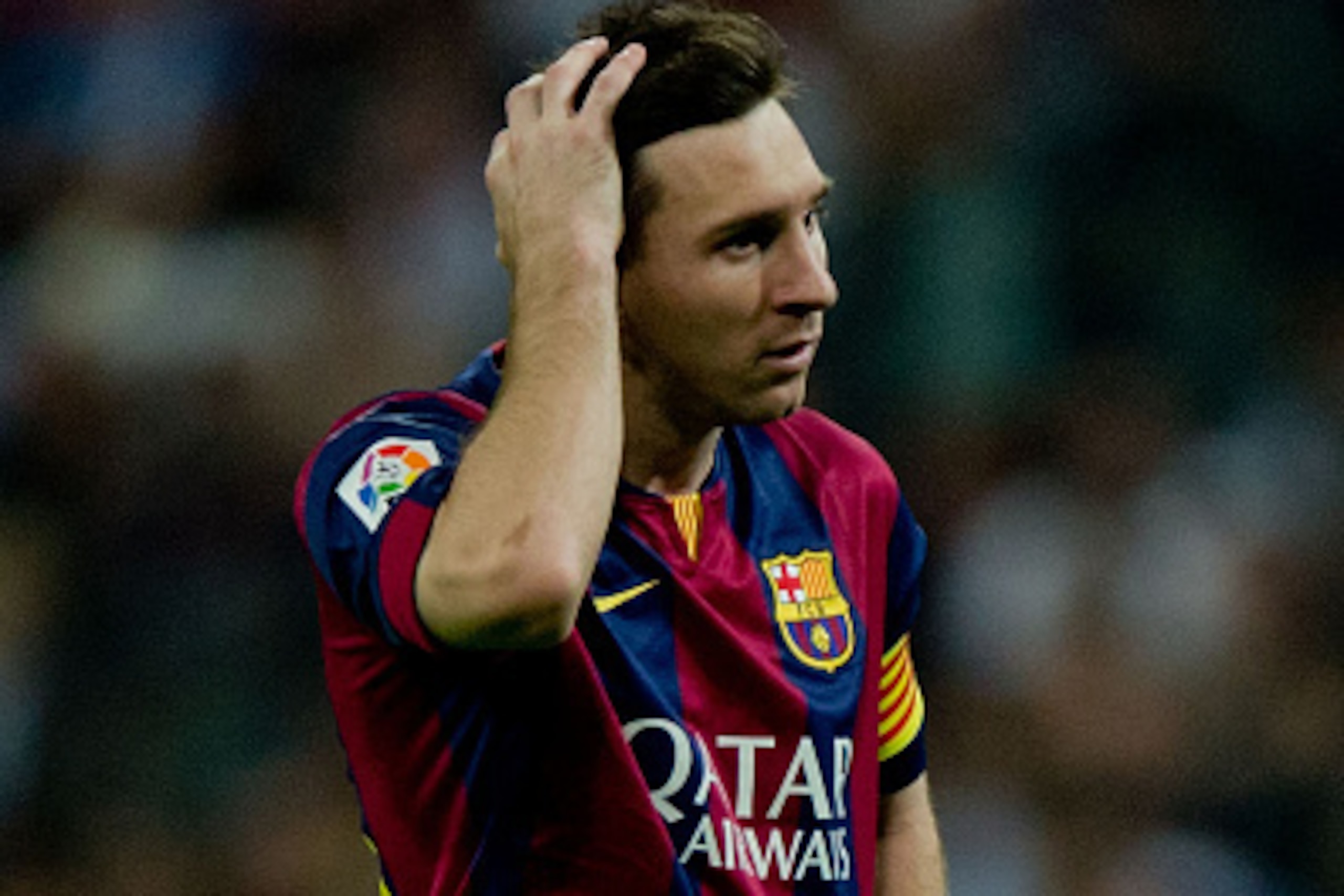 MADRID, SPAIN - OCTOBER 25: Lionel Messi of FC Barcelona reacts defeated during the La Liga match between Real Madrid CF and FC Barcelona at Estadio Santiago Bernabeu on October 25, 2014 in Madrid, Spain.  (Photo by Gonzalo Arroyo Moreno/Getty Images)
