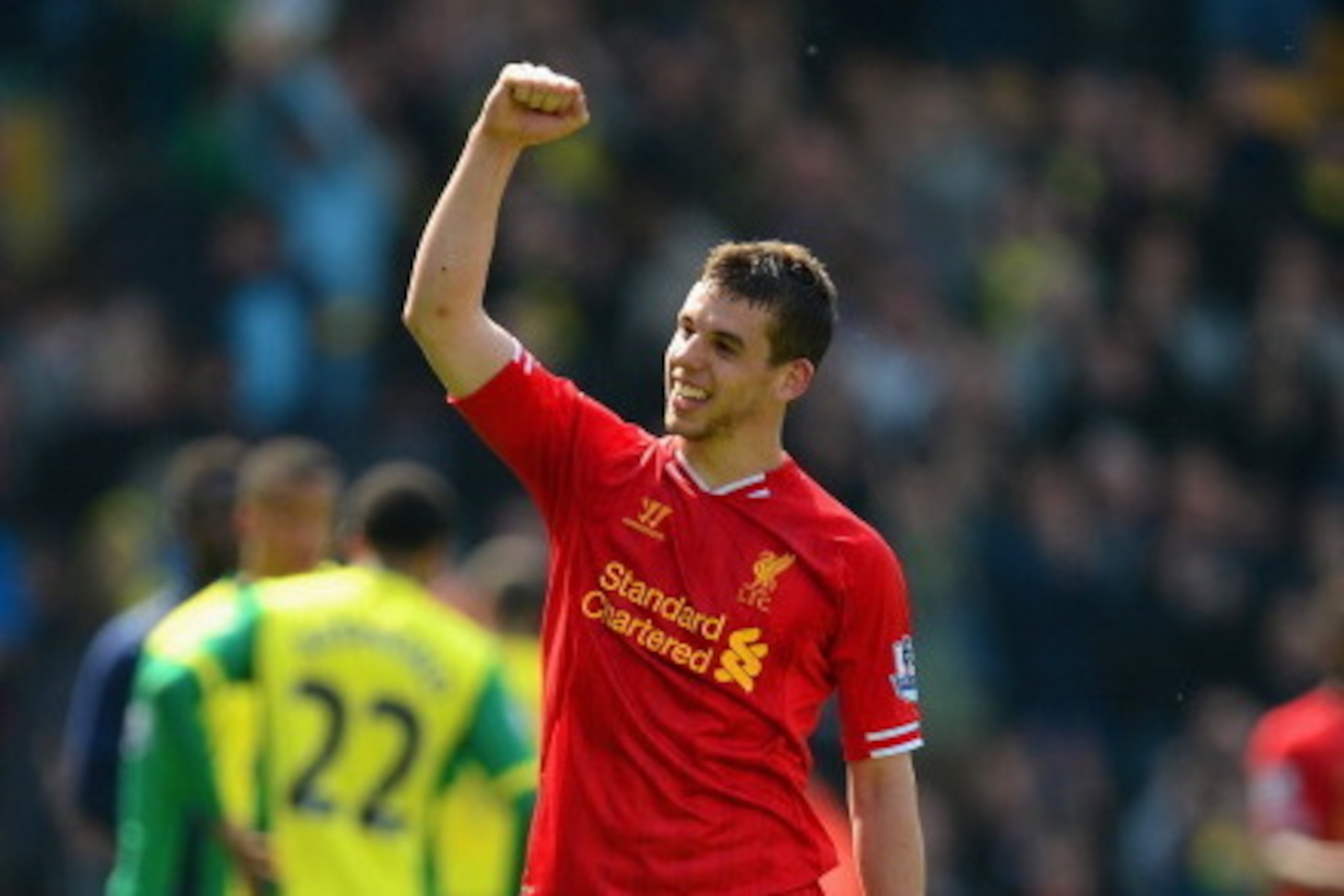 NORWICH, ENGLAND - APRIL 20: Jon Flanagan of Liverpool celebrates victory at the final whistle during the Barclays Premier League match between Norwich City and Liverpool at Carrow Road on April 20, 2014 in Norwich, England. (Photo by Jamie McDonald/Get NORWICH, ENGLAND - APRIL 20: Jon Flanagan of Liverpool celebrates victory at the final whistle during the Barclays Premier League match between Norwich City and Liverpool at Carrow Road on April 20, 2014 in Norwich, England. (Photo by Jamie McDonald/Get