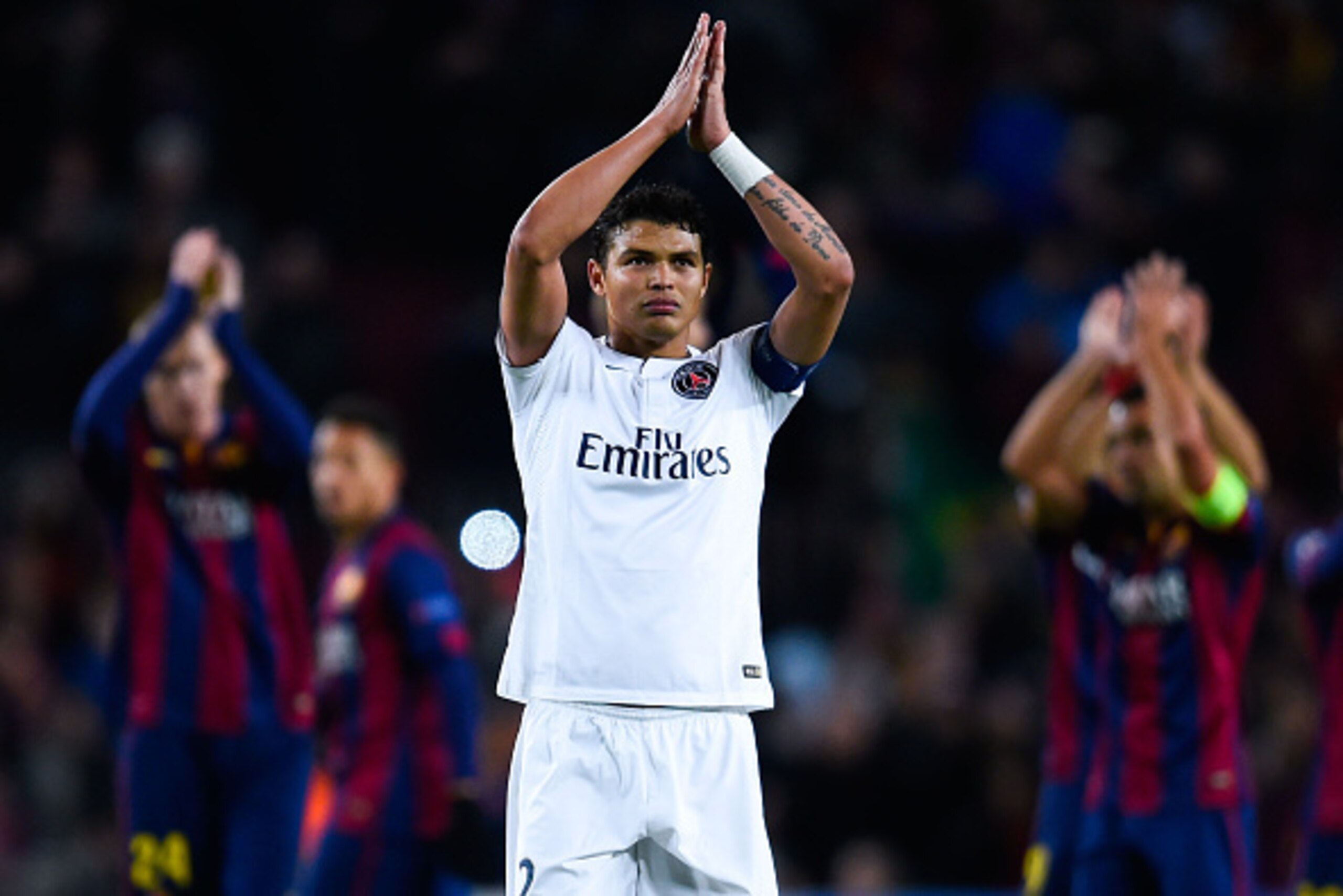 BARCELONA, SPAIN - DECEMBER 10:  Thiago Silva of Paris Saint-Germain FC acknowledges his supporters at the end of the UEFA Champions League group F match between FC Barcelona and Paris Saint-Germanin FC at Camp Nou Stadium on December 10, 2014 in Barcelon