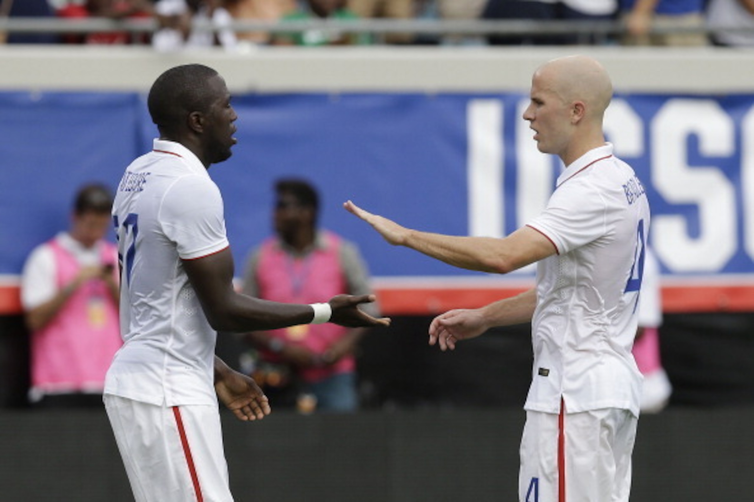 JACKSONVILLE, FL - JUNE 07: Midfielder Michael Bradley #4 of the United States congratulates forward Jozy Altidore #17 after Altidore's first half goal during the international friendly match against Nigeria at EverBank Field on June 7, 2014 in Jacksonvil