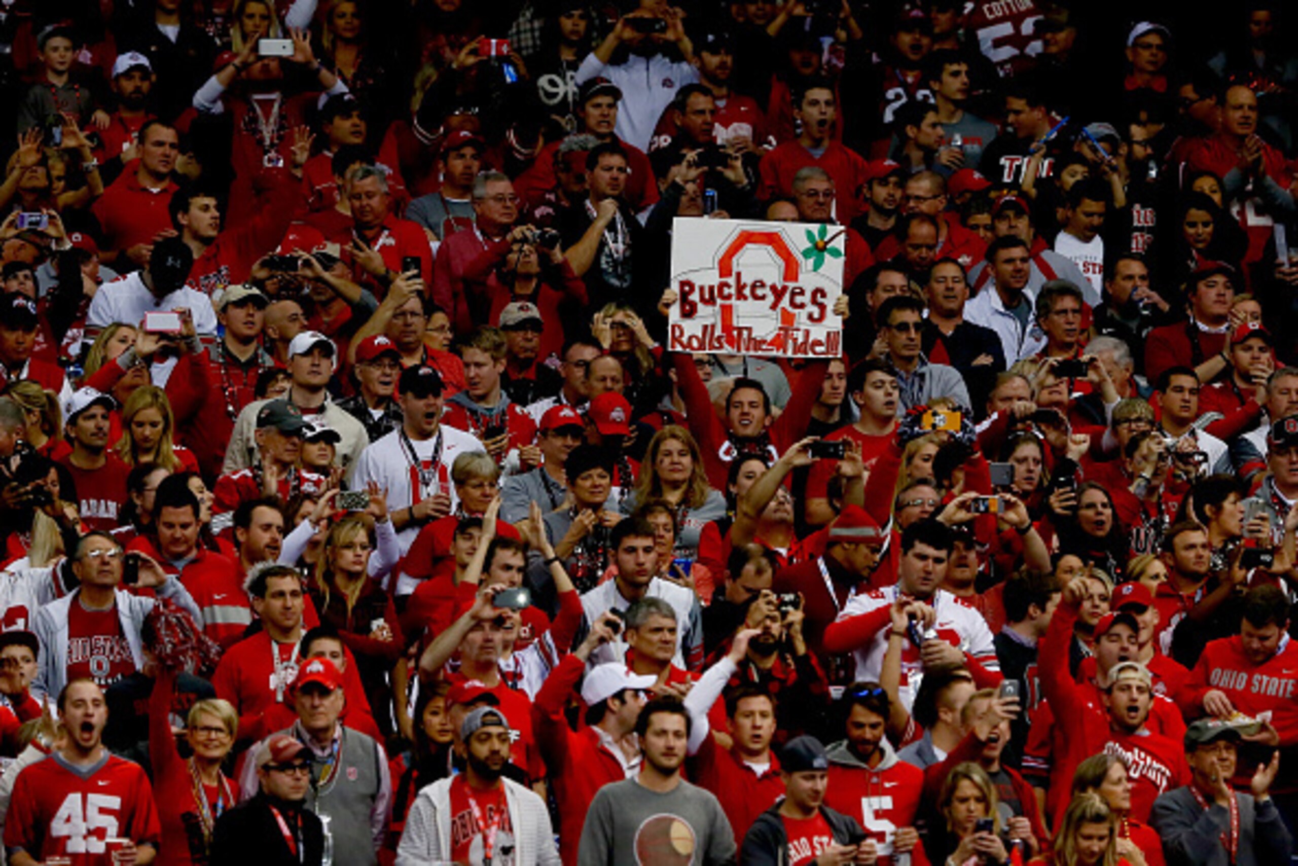 NEW ORLEANS, LA - JANUARY 01: Ohio State fans show their support during the All State Sugar Bowl at the Mercedes-Benz Superdome on January 1, 2015 in New Orleans, Louisiana. (Photo by Kevin C. Cox/Getty Images) NEW ORLEANS, LA - JANUARY 01: Ohio State fans show their support during the All State Sugar Bowl at the Mercedes-Benz Superdome on January 1, 2015 in New Orleans, Louisiana. (Photo by Kevin C. Cox/Getty Images)