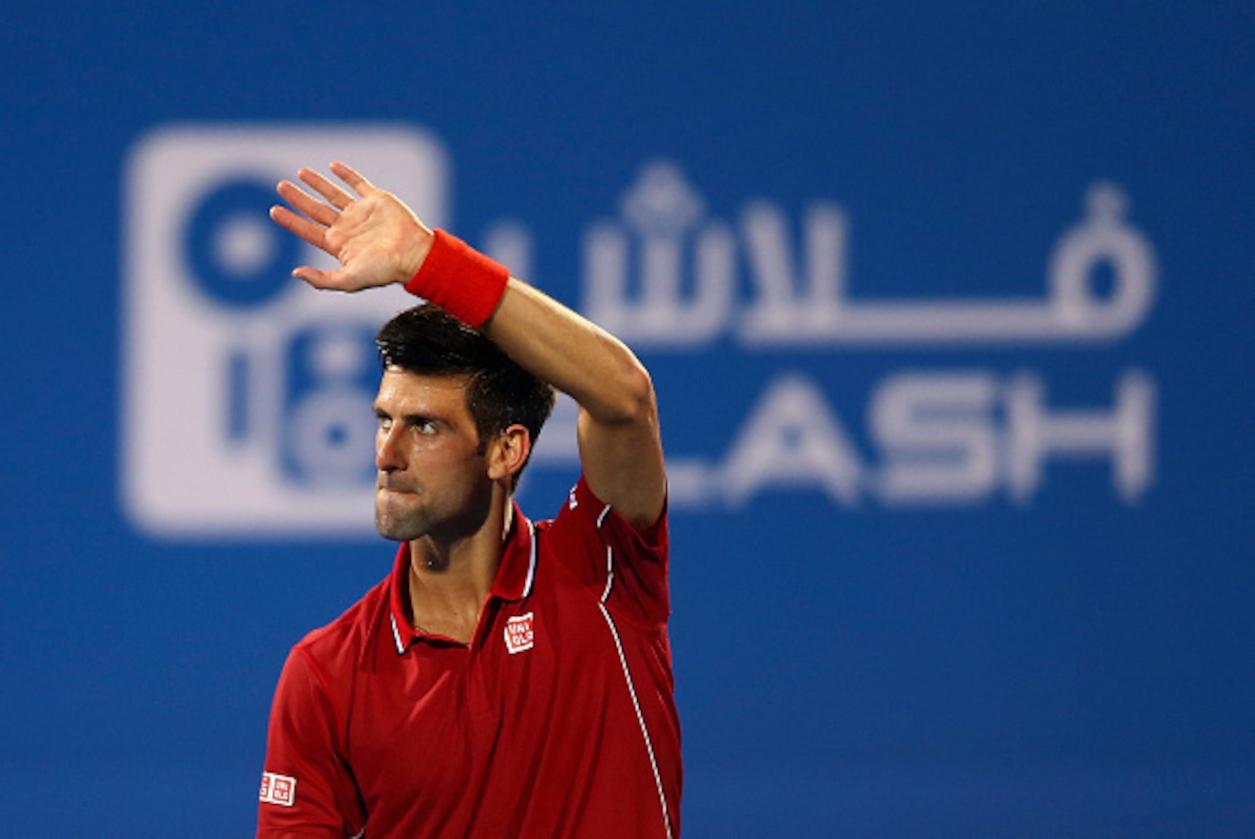 ABU DHABI, UNITED ARAB EMIRATES - JANUARY 02:  Novak Djokovic of Serbia celebrates victory against Stanislas Wawrinka of Switzerland after their semi final match during the Mubadala World Tennis Championship at Zayed Sport City  on January 2, 2015 in Abu 