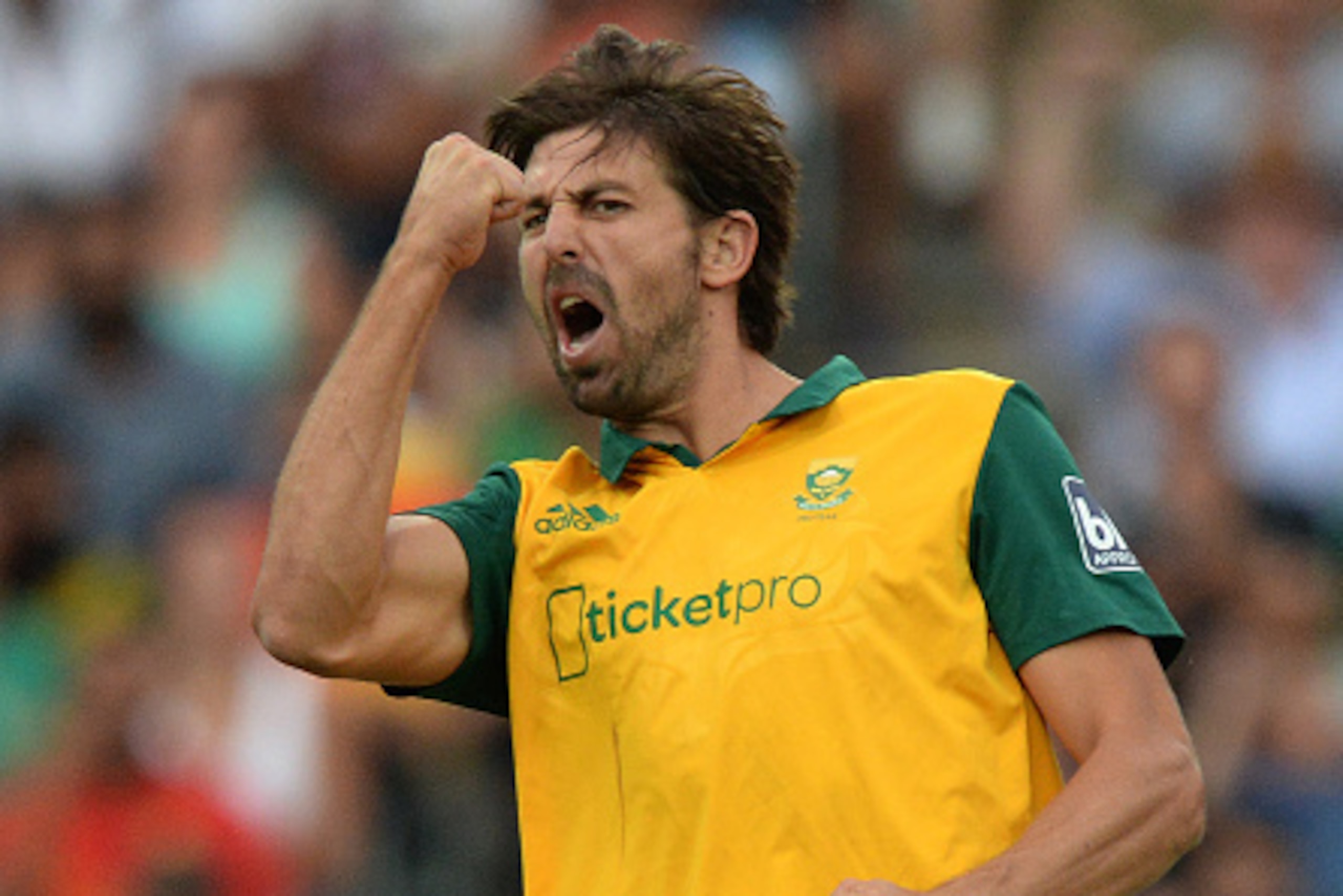 JOHANNESBURG, SOUTH AFRICA - JANUARY 11: David Wiese celebrates a wicket during the 2nd KFC T20 International match between South Africa and West Indies at Bidvest Wanderers Stadium on January 11, 2015 in Cape Town, South Africa. (Photo by Duif du Toit/Ga