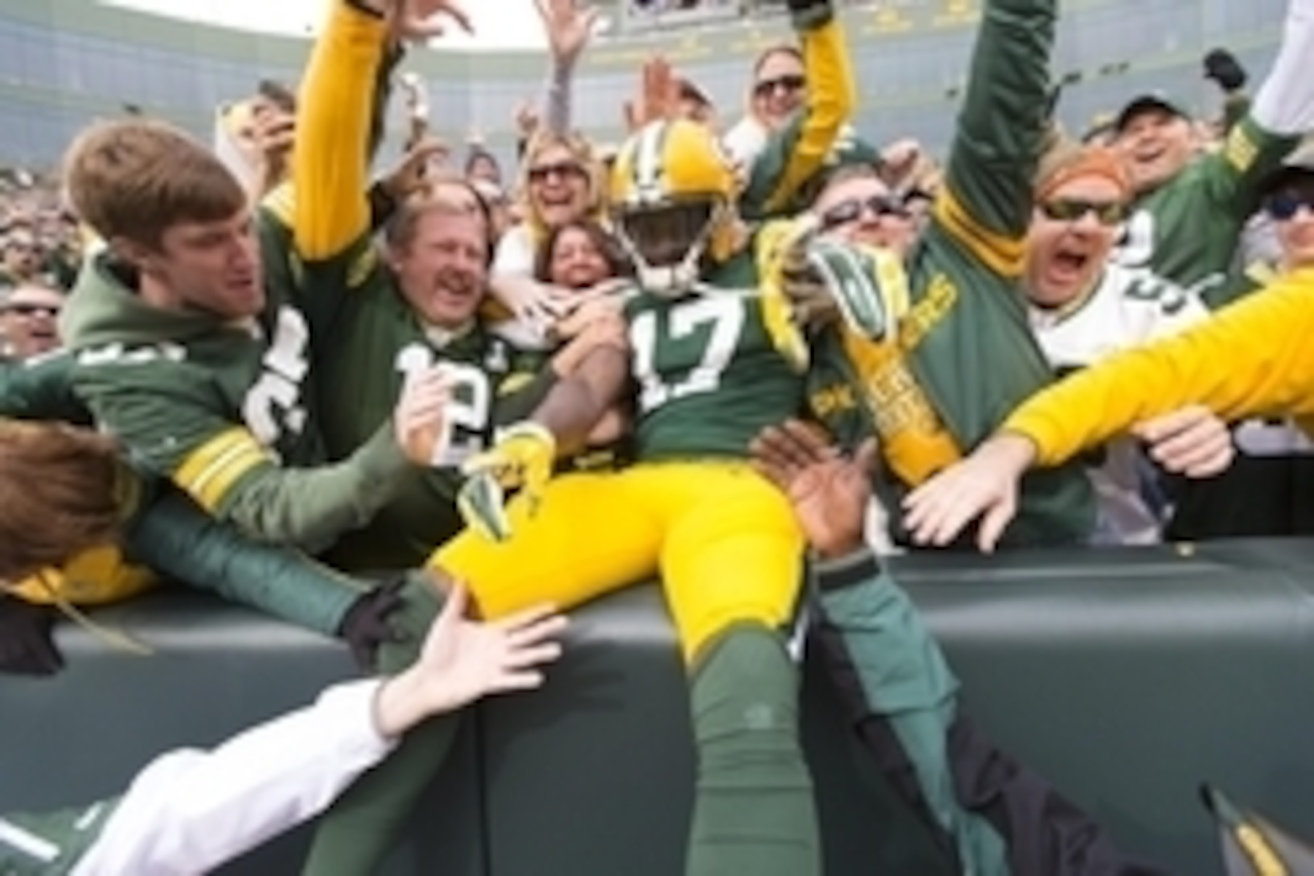Oct 19, 2014; Green Bay, WI, USA; Green Bay Packers wide receiver Davante Adams (17) celebrates a touchdown during the third quarter against the Carolina Panthers at Lambeau Field. Green Bay won 38-17.  Mandatory Credit: Jeff Hanisch-USA TODAY Sports