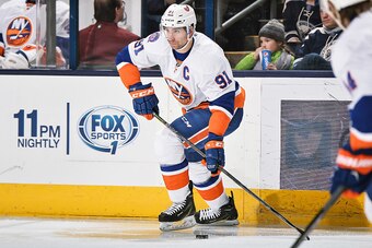 COLUMBUS, OH - JANUARY 10:  John Tavares #91 of the New York Islanders skates against the Columbus Blue Jackets on January 10, 2015 at Nationwide Arena in Columbus, Ohio.  (Photo by Jamie Sabau/NHLI via Getty Images)