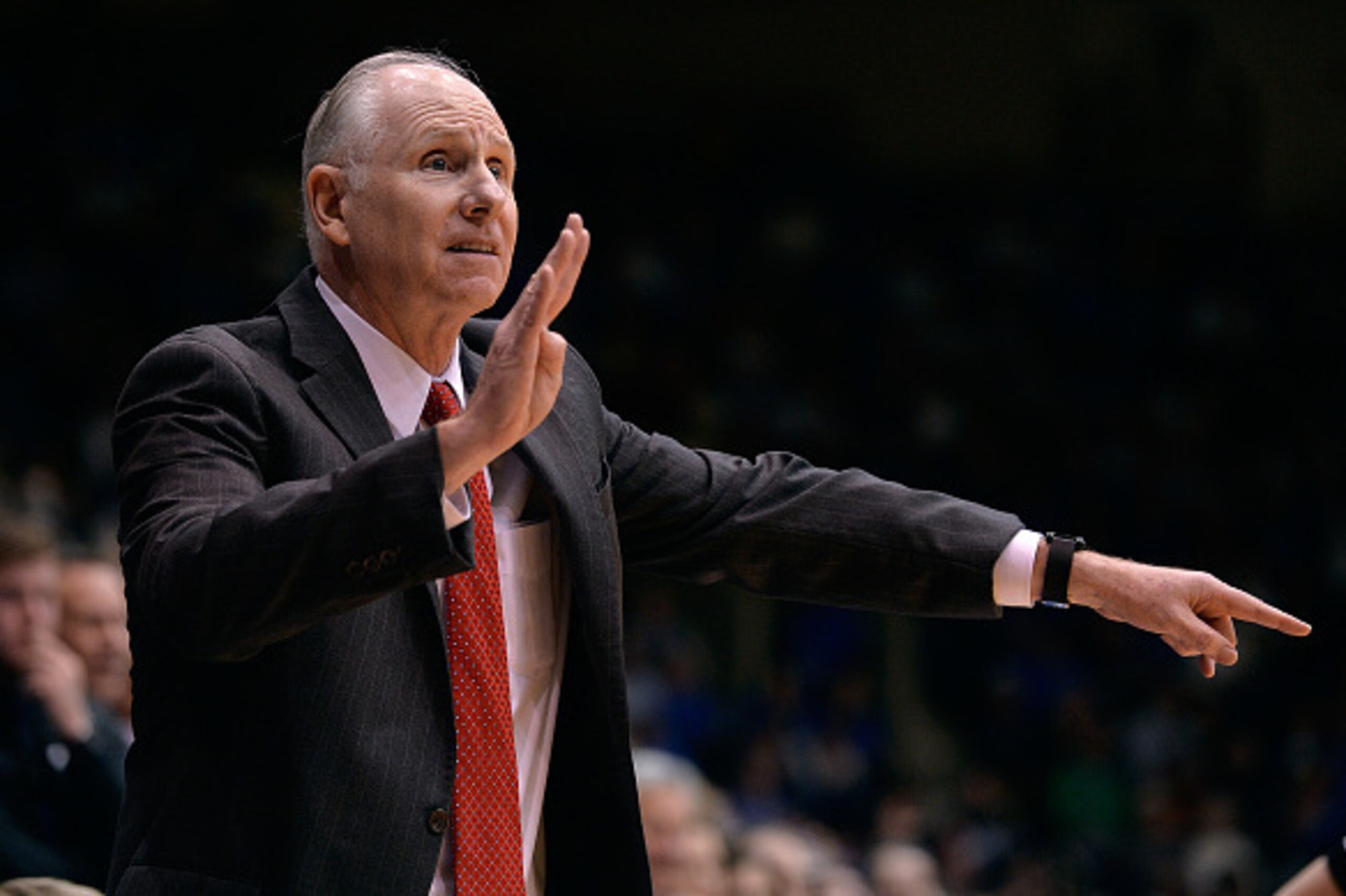 DURHAM, NC - JANUARY 13:  Head coach Jim Larranaga of the Miami Hurricanes directs his team against the Duke Blue Devils during their game at Cameron Indoor Stadium on January 13, 2015 in Durham, North Carolina.  (Photo by Grant Halverson/Getty Images)