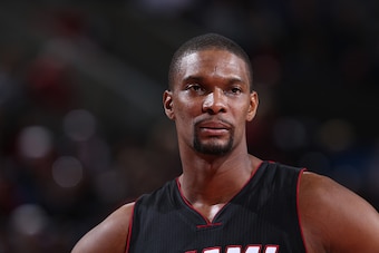PORTLAND, OR - JANUARY 8:  A close up shot of Chris Bosh #1 of the Miami Heat during the game against the Portland Trail Blazers on January 8, 2015 at the Moda Center Arena in Portland, Oregon. NOTE TO USER: User expressly acknowledges and agrees that, by