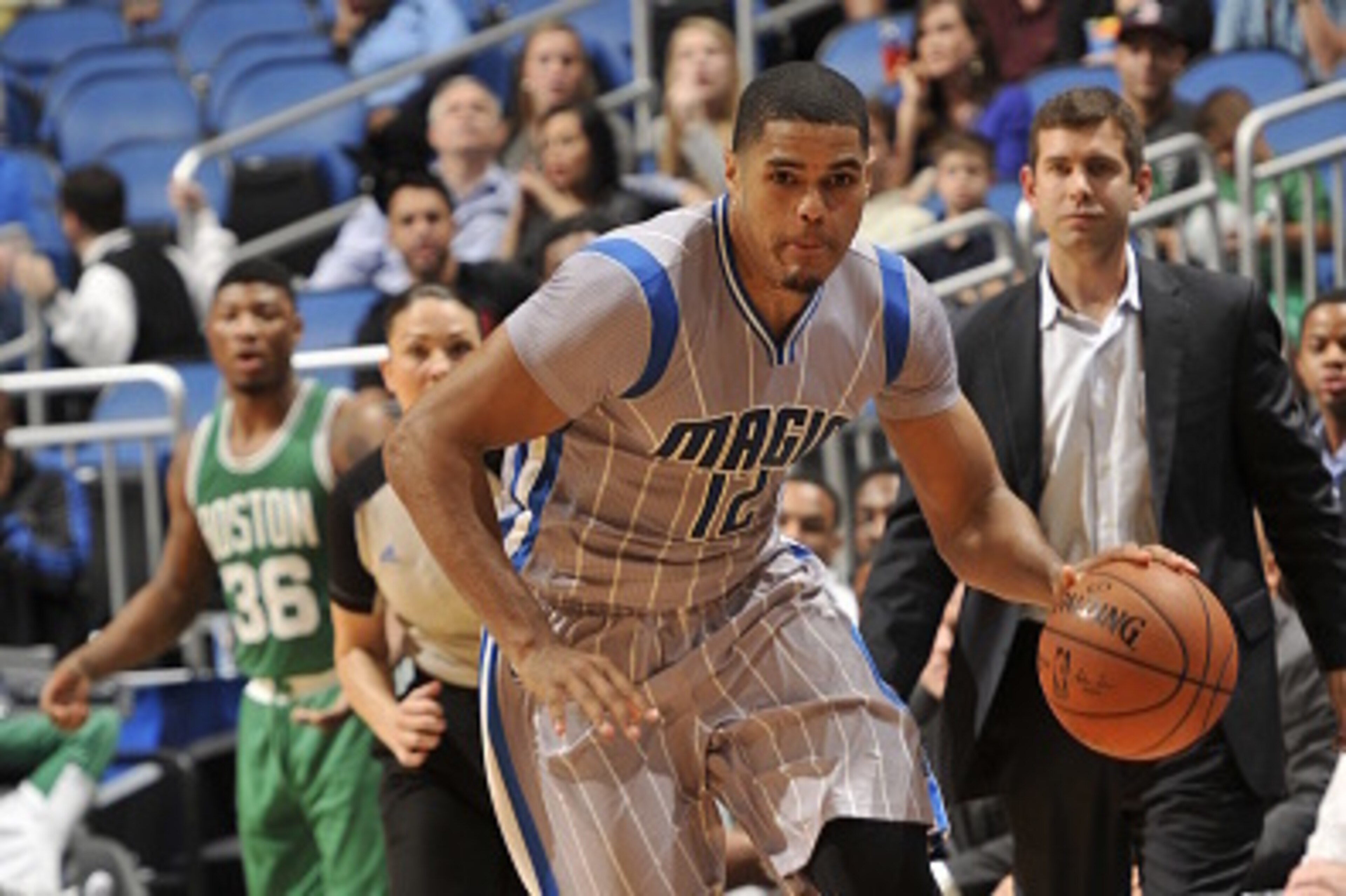 ORLANDO, FL - DECEMBER 23: Tobias Harris #12 of the Orlando Magic brings the ball up court against the Boston Celtics on December 23, 2014 at Amway Center in Orlando, Florida. NOTE TO USER: User expressly acknowledges and agrees that, by downloading and ORLANDO, FL - DECEMBER 23: Tobias Harris #12 of the Orlando Magic brings the ball up court against the Boston Celtics on December 23, 2014 at Amway Center in Orlando, Florida. NOTE TO USER: User expressly acknowledges and agrees that, by downloading and