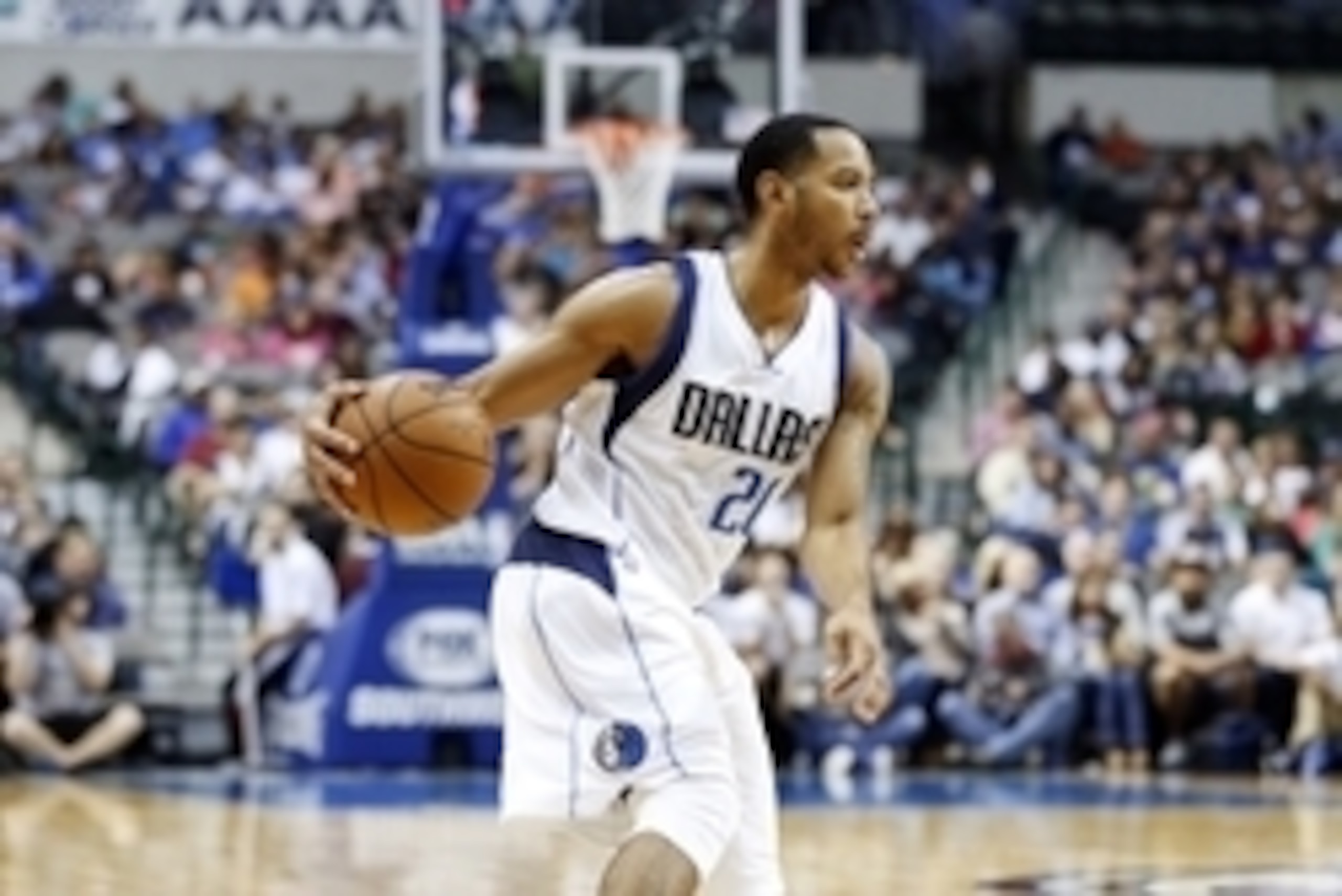 Oct 12, 2014; Dallas, TX, USA; Dallas Mavericks guard Devin Harris (20) dribbles during the game against the Indiana Pacers at American Airlines Center. Mandatory Credit: Kevin Jairaj-USA TODAY Sports