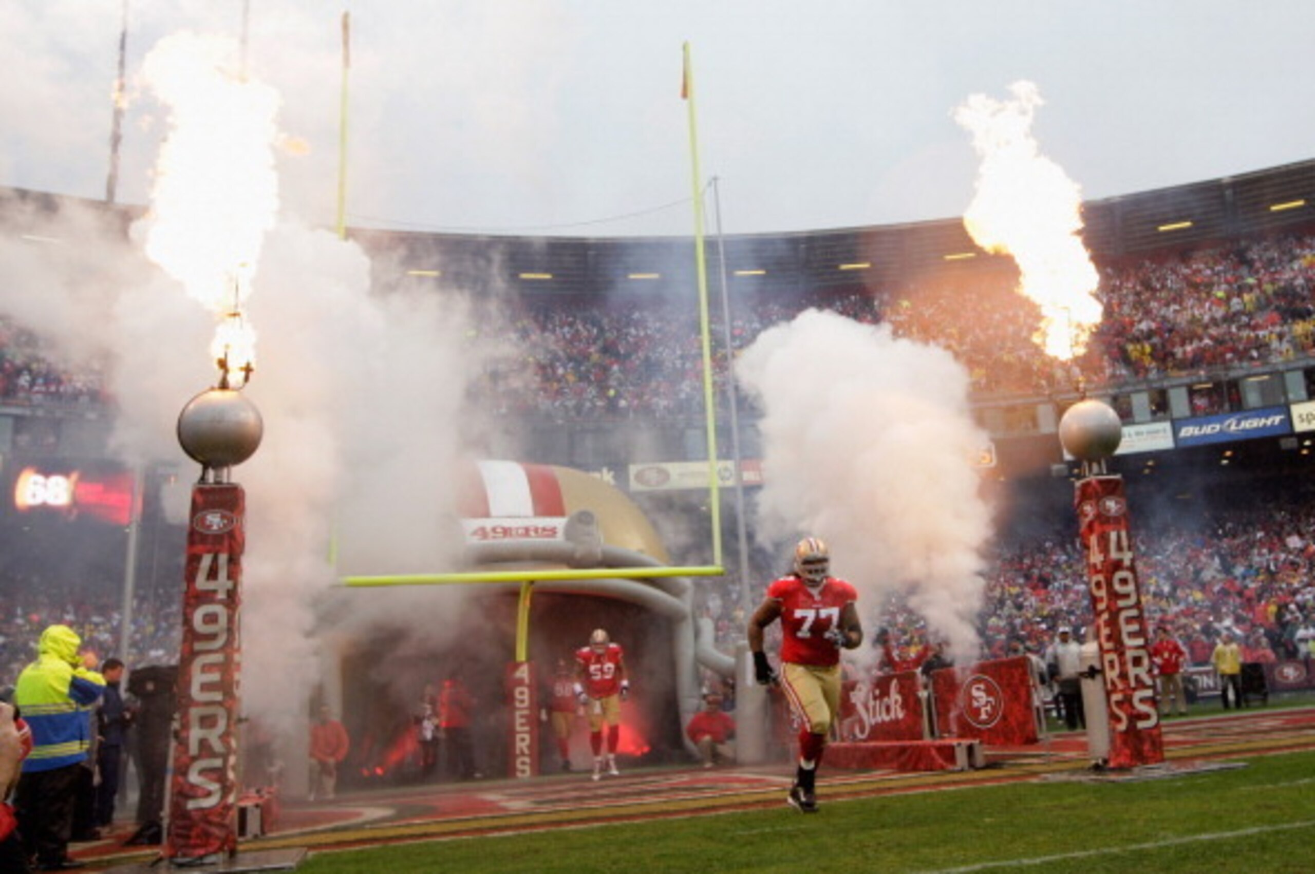 SAN FRANCISCO, CA - JANUARY 22:  Mike Iupati #77 of the San Francisco 49ers takes the field to play against the New York Giants during the NFC Championship Game at Candlestick Park on January 22, 2012 in San Francisco, California.  (Photo by Jamie Squire/