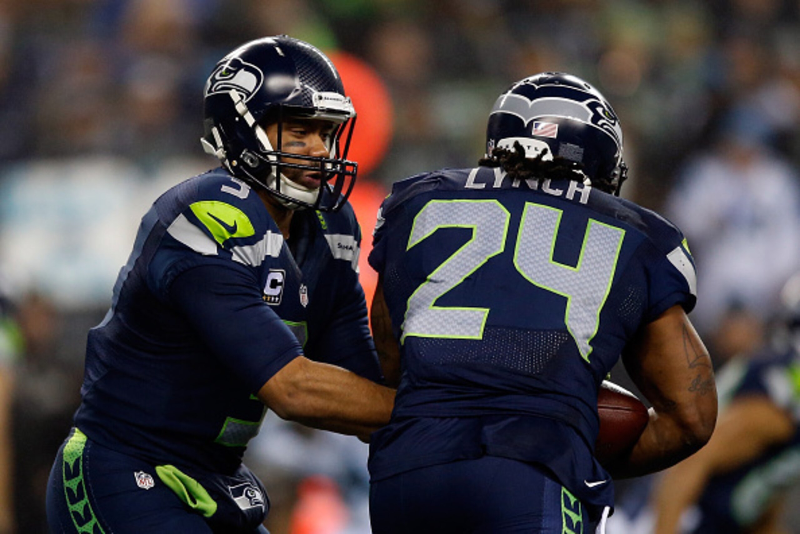 SEATTLE, WA - JANUARY 10:  Marshawn Lynch #24 of the Seattle Seahawks in action against the Carolina Panthers during the 2015 NFC Divisional Playoff game at CenturyLink Field on January 10, 2015 in Seattle, Washington.  (Photo by Otto Greule Jr/Getty Imag