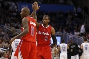 Nov 19, 2014; Orlando, FL, USA; Los Angeles Clippers guard Chris Paul (3) and guard Jamal Crawford (11) high five against the Orlando Magic during the second half at Amway Center. Mandatory Credit: Kim Klement-USA TODAY Sports