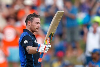 HAMILTON, NEW ZEALAND - JANUARY 15:  Brendon McCullum of New Zealand celebrates his century during the One Day International match between New Zealand and Sri Lanka at Seddon Park on January 15, 2015 in Hamilton, New Zealand.  (Photo by Phil Walter/Getty 