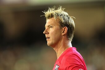 MELBOURNE, AUSTRALIA - JANUARY 05:  Brett Lee of the Sixers looks on during the Big Bash League match between the Melbourne Stars and the Sydney Sixers at Melbourne Cricket Ground on January 5, 2015 in Melbourne, Australia.  (Photo by Robert Prezioso/Gett