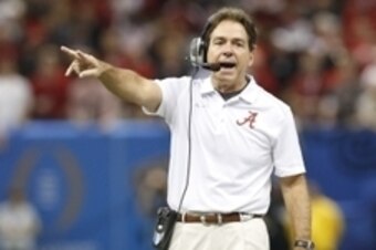 Jan 1, 2015; New Orleans, LA, USA; Alabama Crimson Tide head coach Nick Saban yells from the sidelines against the Ohio State Buckeyes in the 2015 Sugar Bowl at Mercedes-Benz Superdome. Mandatory Credit: Matthew Emmons-USA TODAY Sports