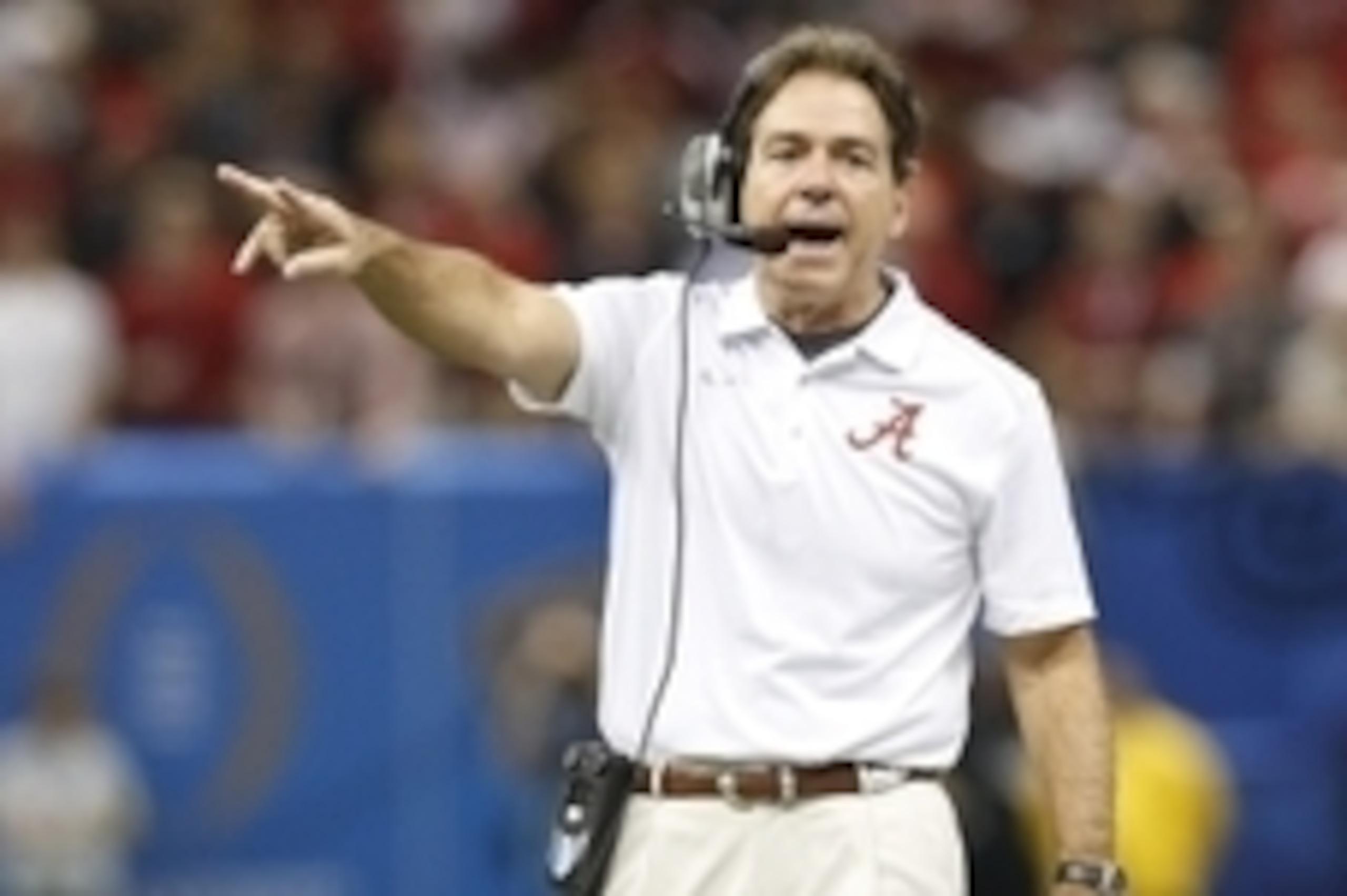 Jan 1, 2015; New Orleans, LA, USA; Alabama Crimson Tide head coach Nick Saban yells from the sidelines against the Ohio State Buckeyes in the 2015 Sugar Bowl at Mercedes-Benz Superdome. Mandatory Credit: Matthew Emmons-USA TODAY Sports
