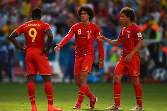 BRASILIA, BRAZIL - JULY 05:  (L-R) Romelu Lukaku, Marouane Fellaini and Axel Witsel of Belgium react after being defeated by Argentina during the 2014 FIFA World Cup Brazil Quarter Final match between Argentina and Belgium at Estadio Nacional on July 5, 2