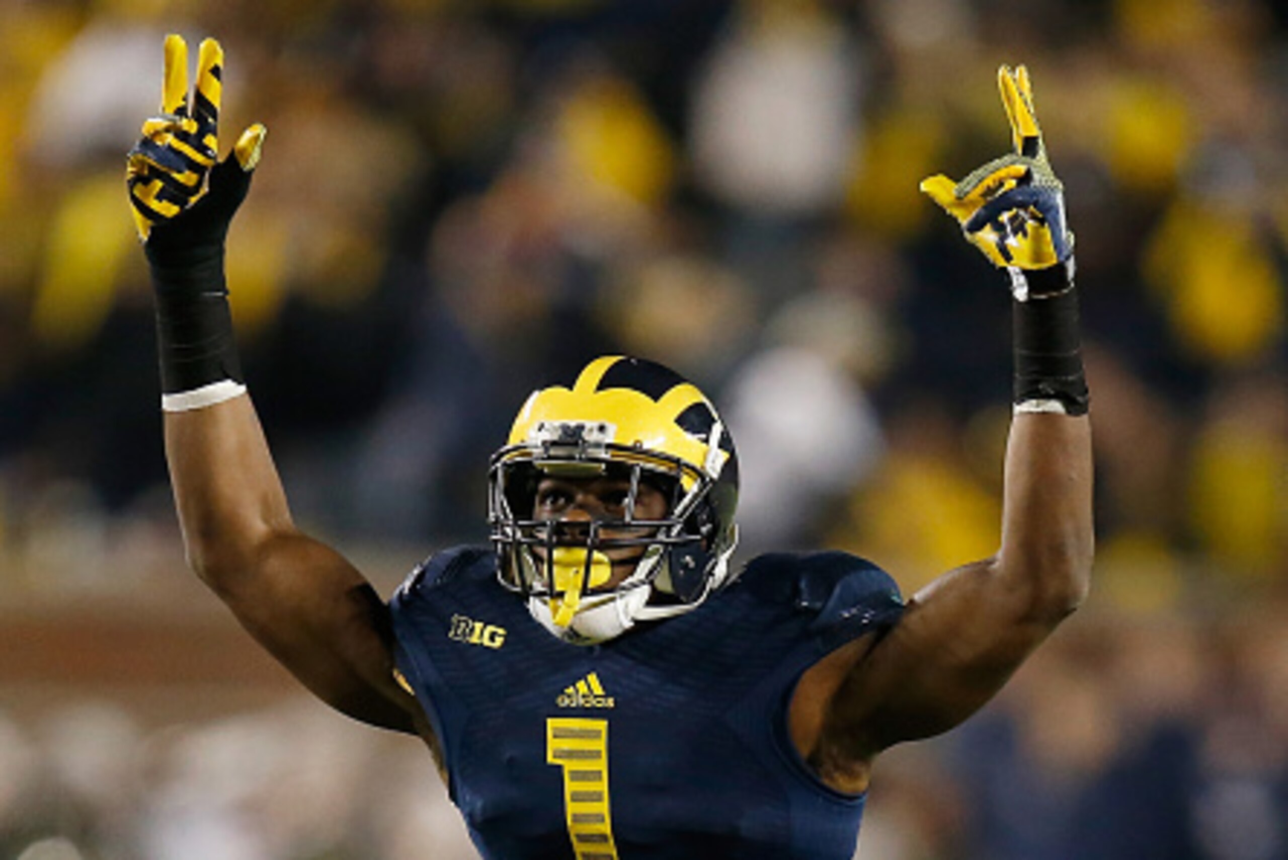 ANN ARBOR, MI - OCTOBER 11:  Devin Funchess #1 of the Michigan Wolverines celebrates a 18-13 win over the Penn State Nittany Lions on October 11, 2014 at Michigan Stadium in Ann Arbor, Michigan.  (Photo by Gregory Shamus/Getty Images)