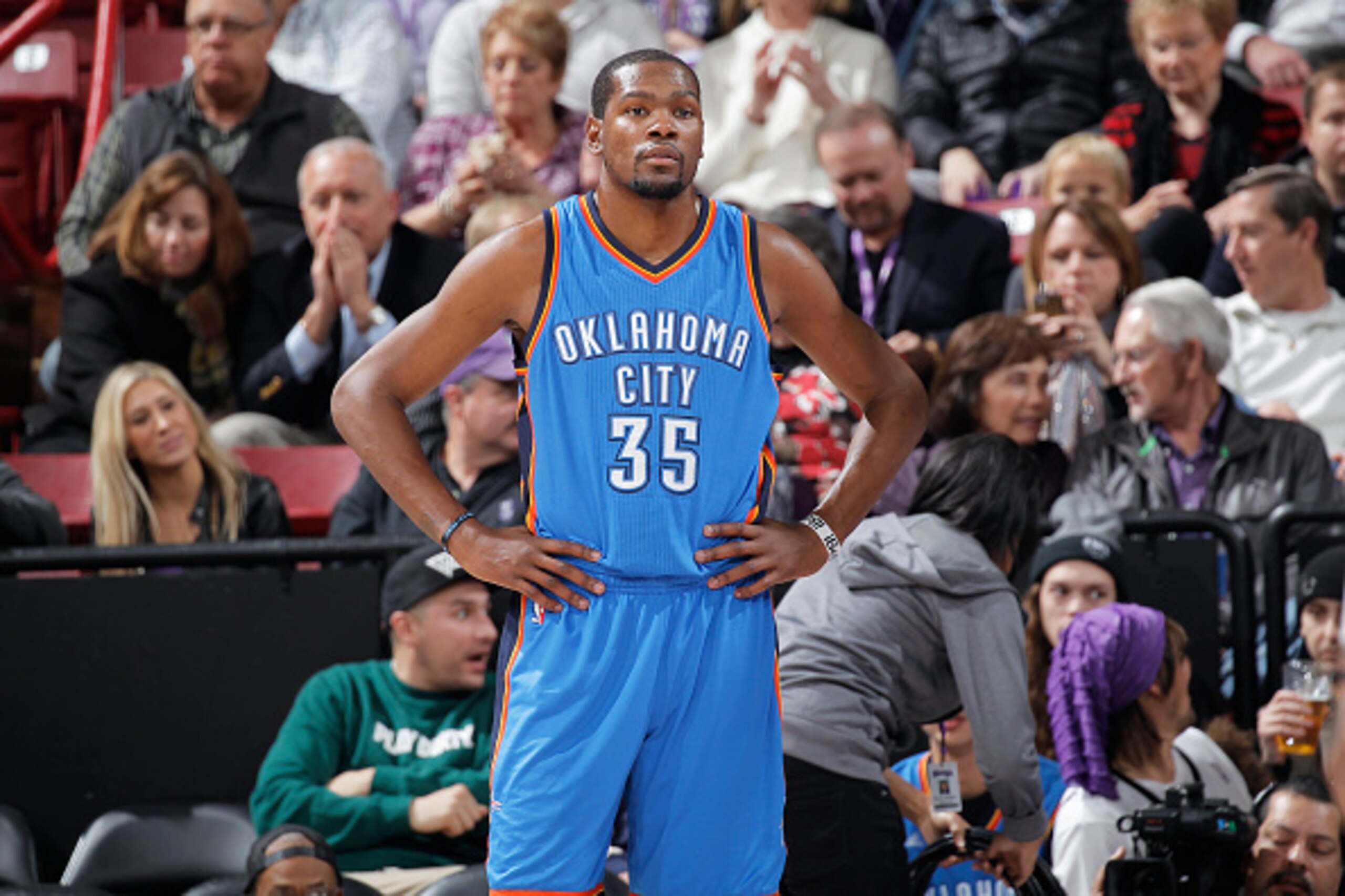 SACRAMENTO, CA - JANUARY 7: Kevin Durant #35 of the Oklahoma City Thunder looks on during the game against the Sacramento Kings on January 7, 2015 at Sleep Train Arena in Sacramento, California. NOTE TO USER: User expressly acknowledges and agrees that, b