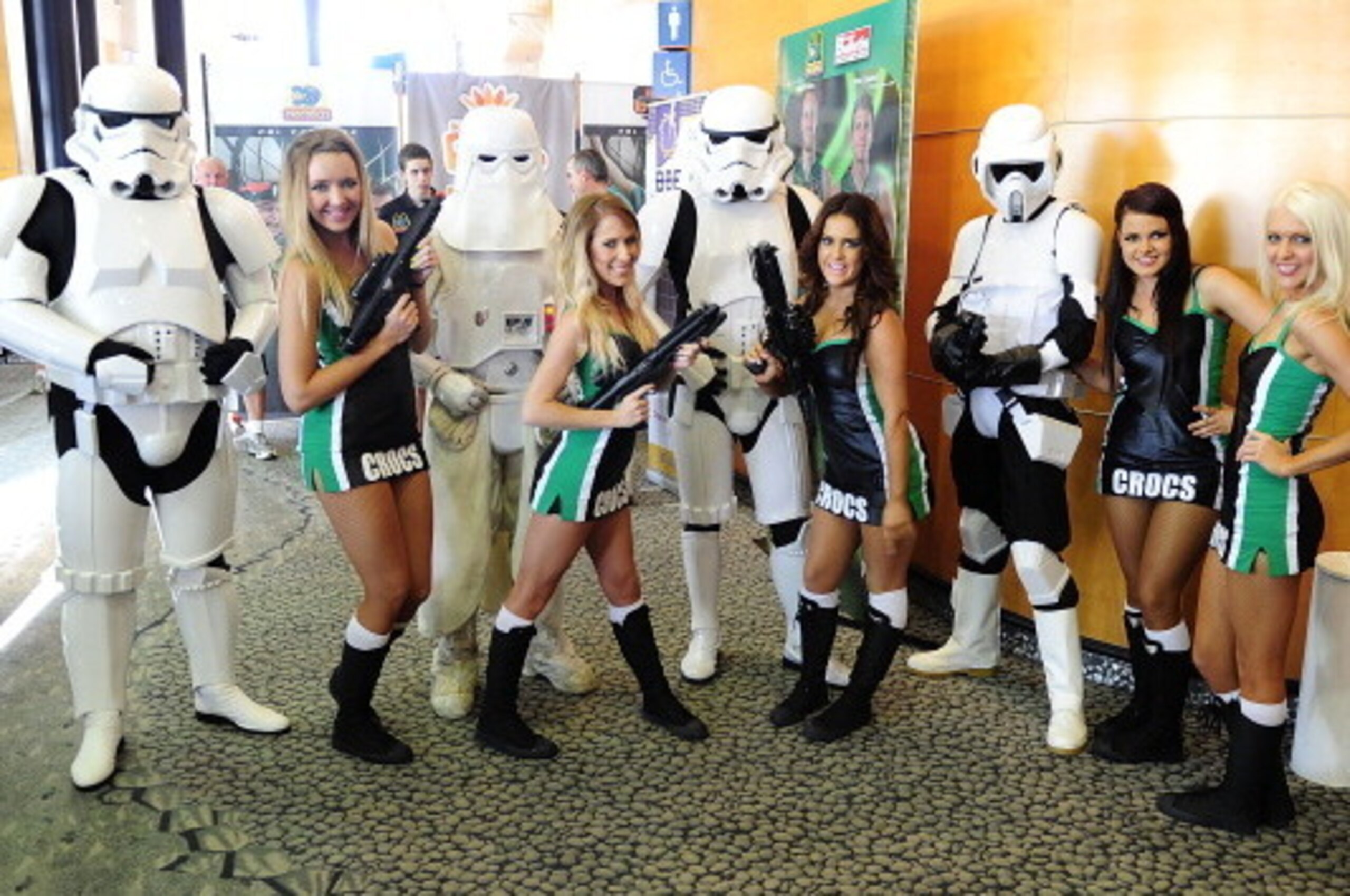 TOWNSVILLE, AUSTRALIA - FEBRUARY 05: Members of the Crocodiles cheerleaders pose with members of the 501st Legion Star Wars enthusiasts before the start of the round 18 NBL match between the Townsville Crocodiles and the Adelaide 36ers at Townsville Ente TOWNSVILLE, AUSTRALIA - FEBRUARY 05: Members of the Crocodiles cheerleaders pose with members of the 501st Legion Star Wars enthusiasts before the start of the round 18 NBL match between the Townsville Crocodiles and the Adelaide 36ers at Townsville Ente