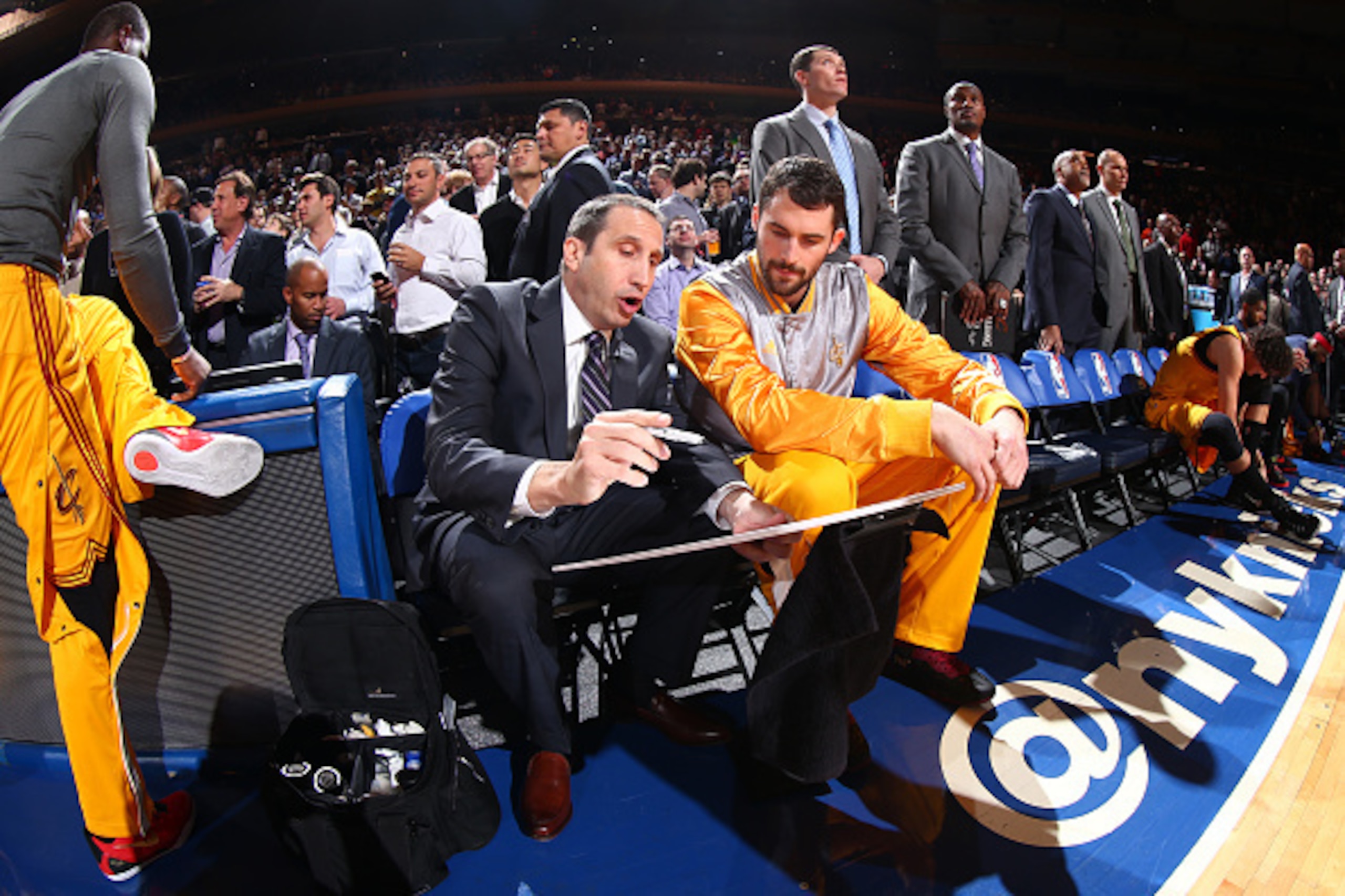 NEW YORK, NY - DECEMBER 4: Kevin Love #0 and David Blatt Head Coach of the Cleveland Cavaliers talk strategy during a game against the New York Knicks at Madison Square Garden in New York City, New York on December 4, 2014.  NOTE TO USER: User expressly a