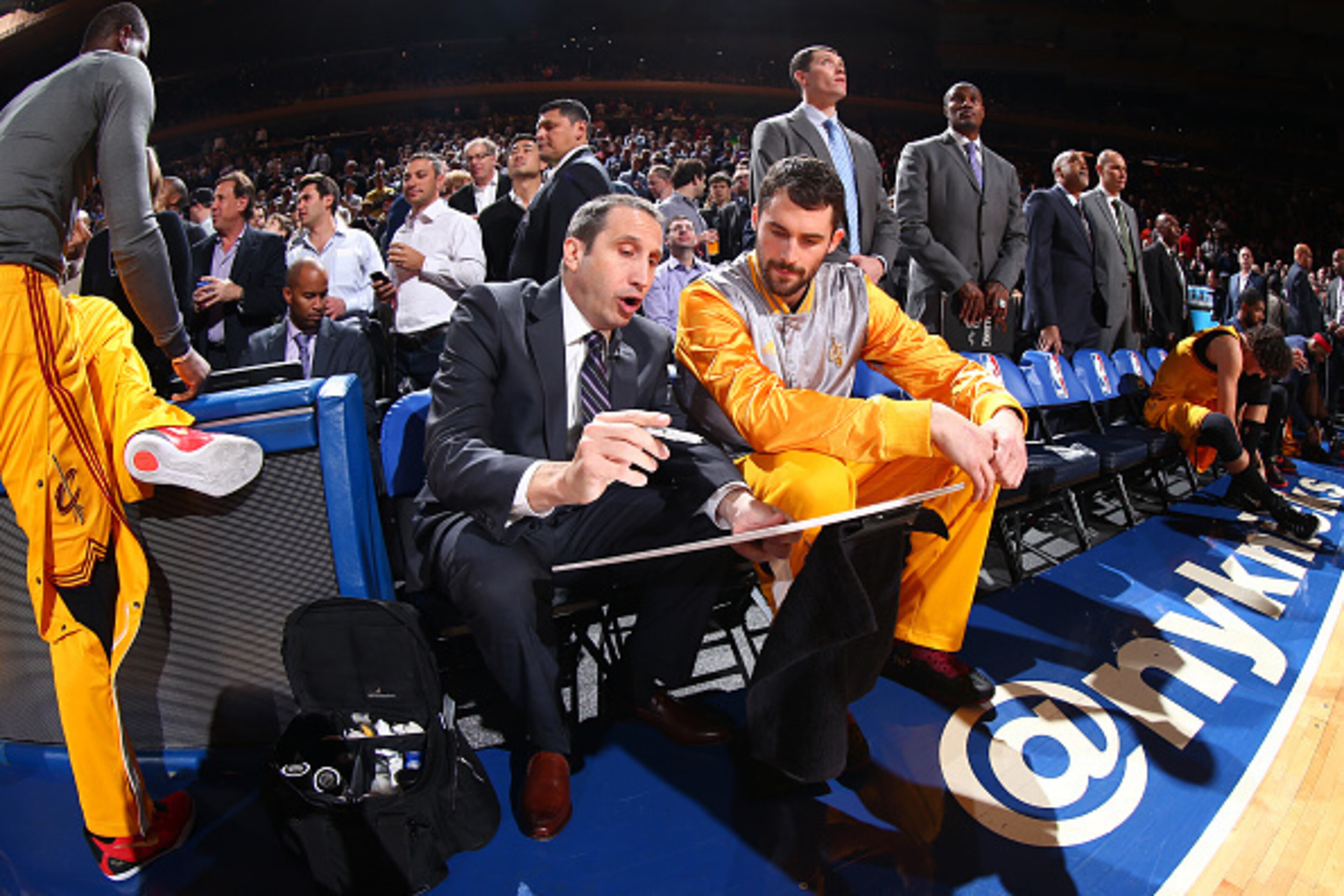 NEW YORK, NY - DECEMBER 4: Kevin Love #0 and David Blatt Head Coach of the Cleveland Cavaliers talk strategy during a game against the New York Knicks at Madison Square Garden in New York City, New York on December 4, 2014.  NOTE TO USER: User expressly a