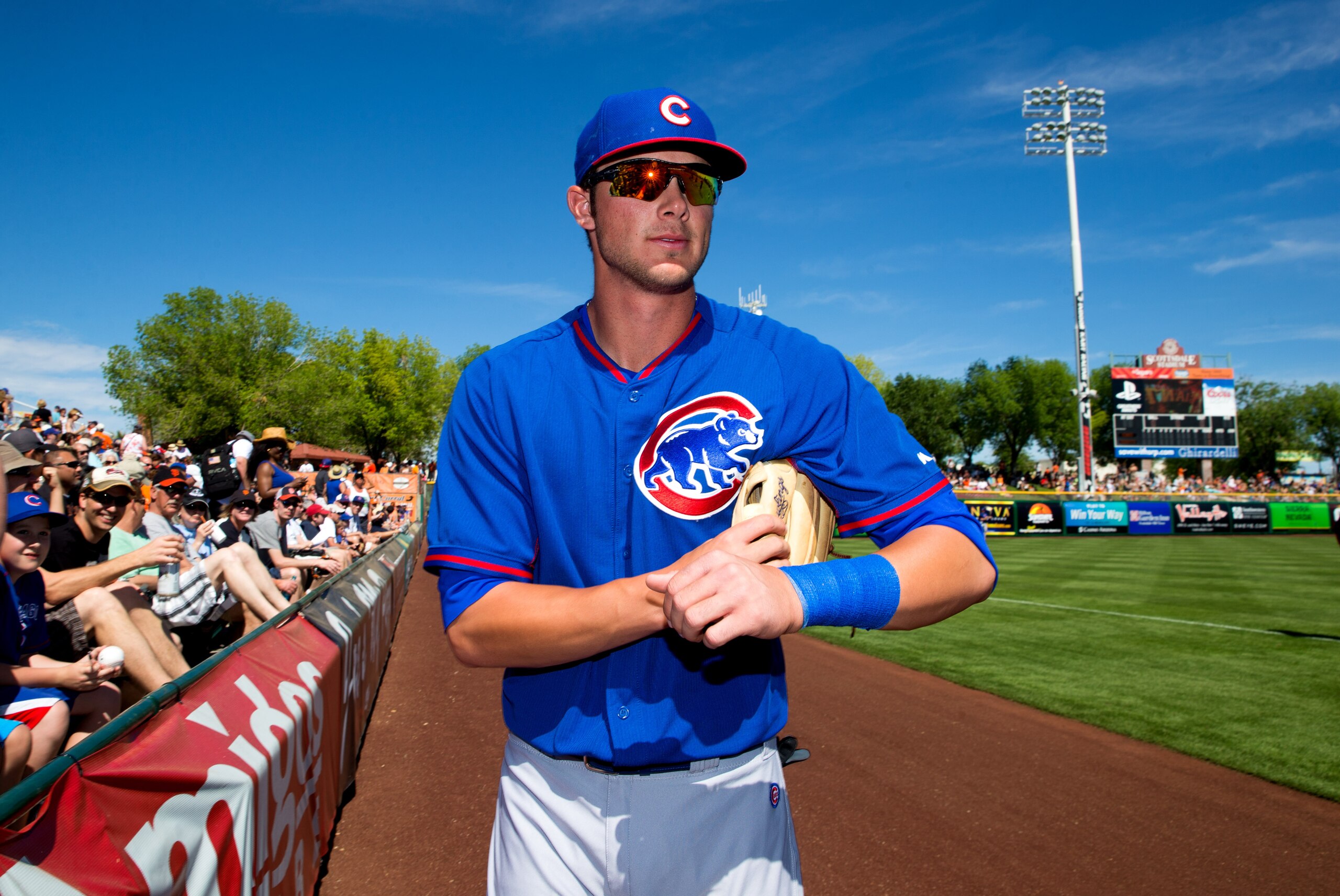 Mar 10, 2014; Scottsdale, AZ, USA; Chicago Cubs third baseman Kris Bryant prior to the game against the San Francisco Giants at Scottsdale Stadium. Mandatory Credit: Mark J. Rebilas-USA TODAY Sports