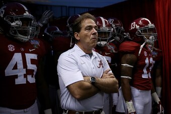 NEW ORLEANS, LA - JANUARY 01:  Head coach Nick Saban of the Alabama Crimson Tide looks on prior to the All State Sugar Bowl against the Ohio State Buckeyes at the Mercedes-Benz Superdome on January 1, 2015 in New Orleans, Louisiana.  (Photo by Chris Grayt