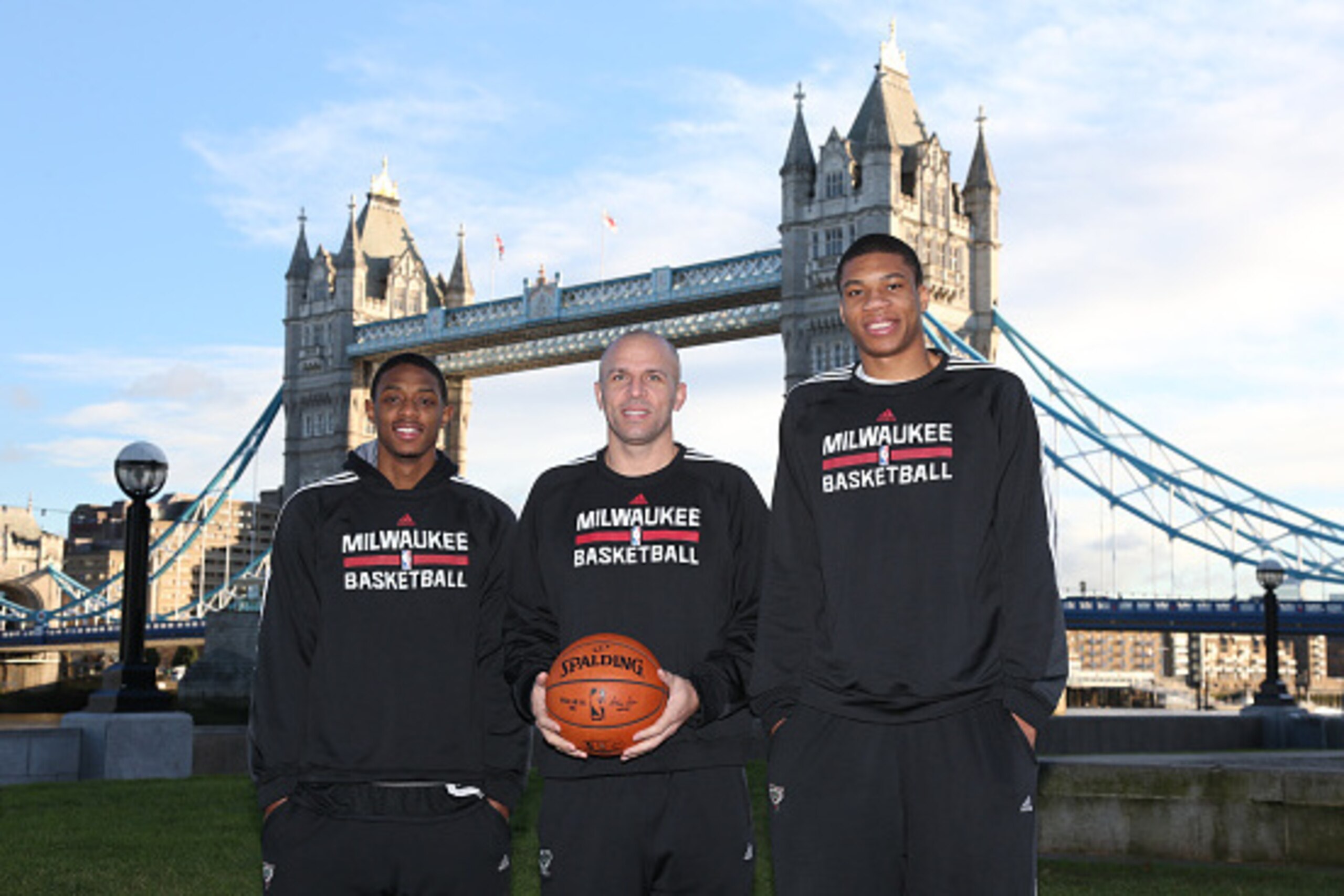 LONDON, ENGLAND - JANUARY 14: Brandon Knight, Head Coach Jason Kidd and Giannis Antetokounmpo of the Milwaukee Bucks poses for a photo as part of the 2015 Global Games on January 14, 2015 at The Tower Bridge in London, England. NOTE TO USER: User expressl LONDON, ENGLAND - JANUARY 14: Brandon Knight, Head Coach Jason Kidd and Giannis Antetokounmpo of the Milwaukee Bucks poses for a photo as part of the 2015 Global Games on January 14, 2015 at The Tower Bridge in London, England. NOTE TO USER: User expressl