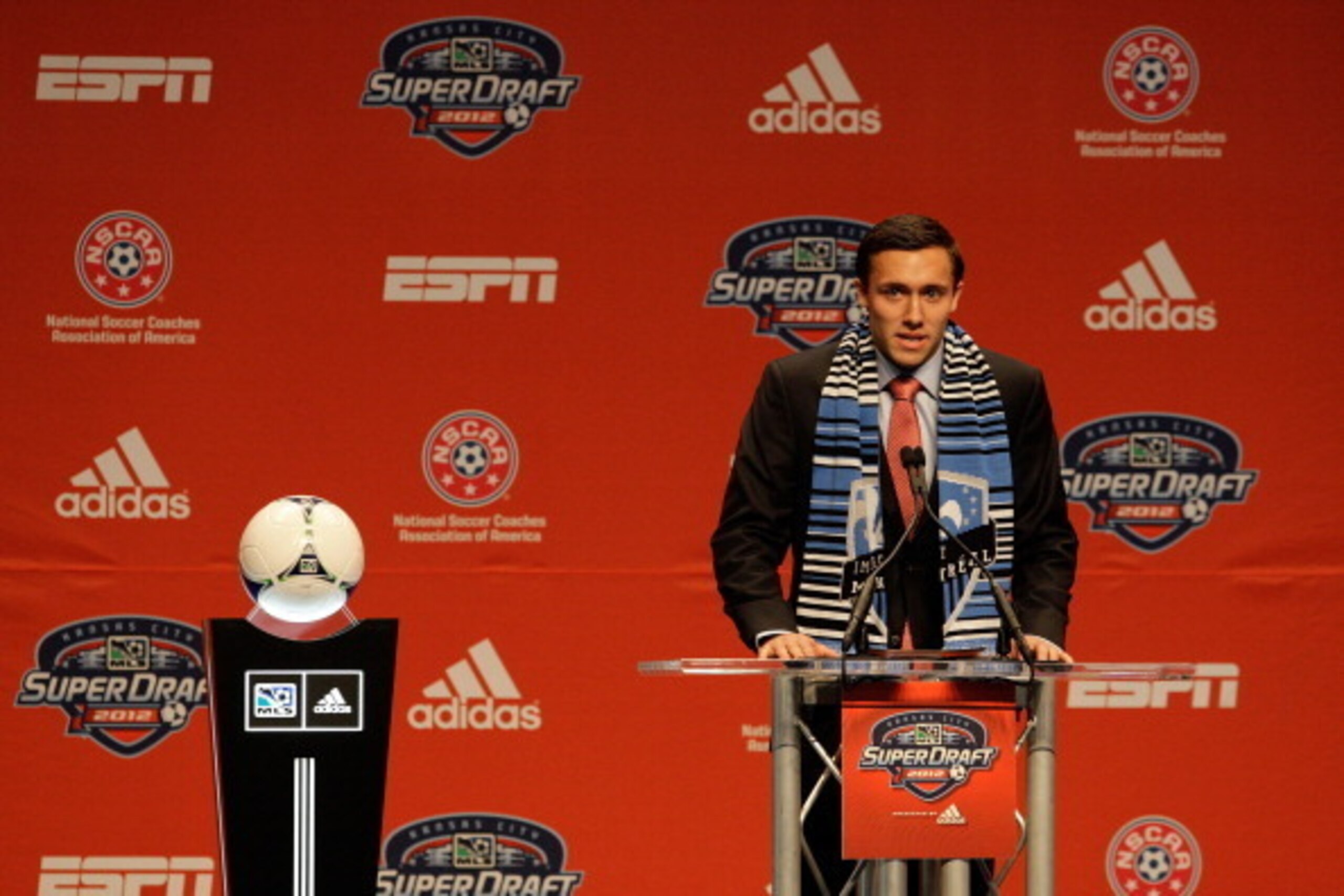 KANSAS CITY, MO - JANUARY 12:  Number one pick Andrew Wenger, selected by expansion team Montreal Impact, talks to the media during the first round of the 2012 MLS SuperDraft presented by Adidas on January 12, 2012 at Kansas City Convention Center in Kans