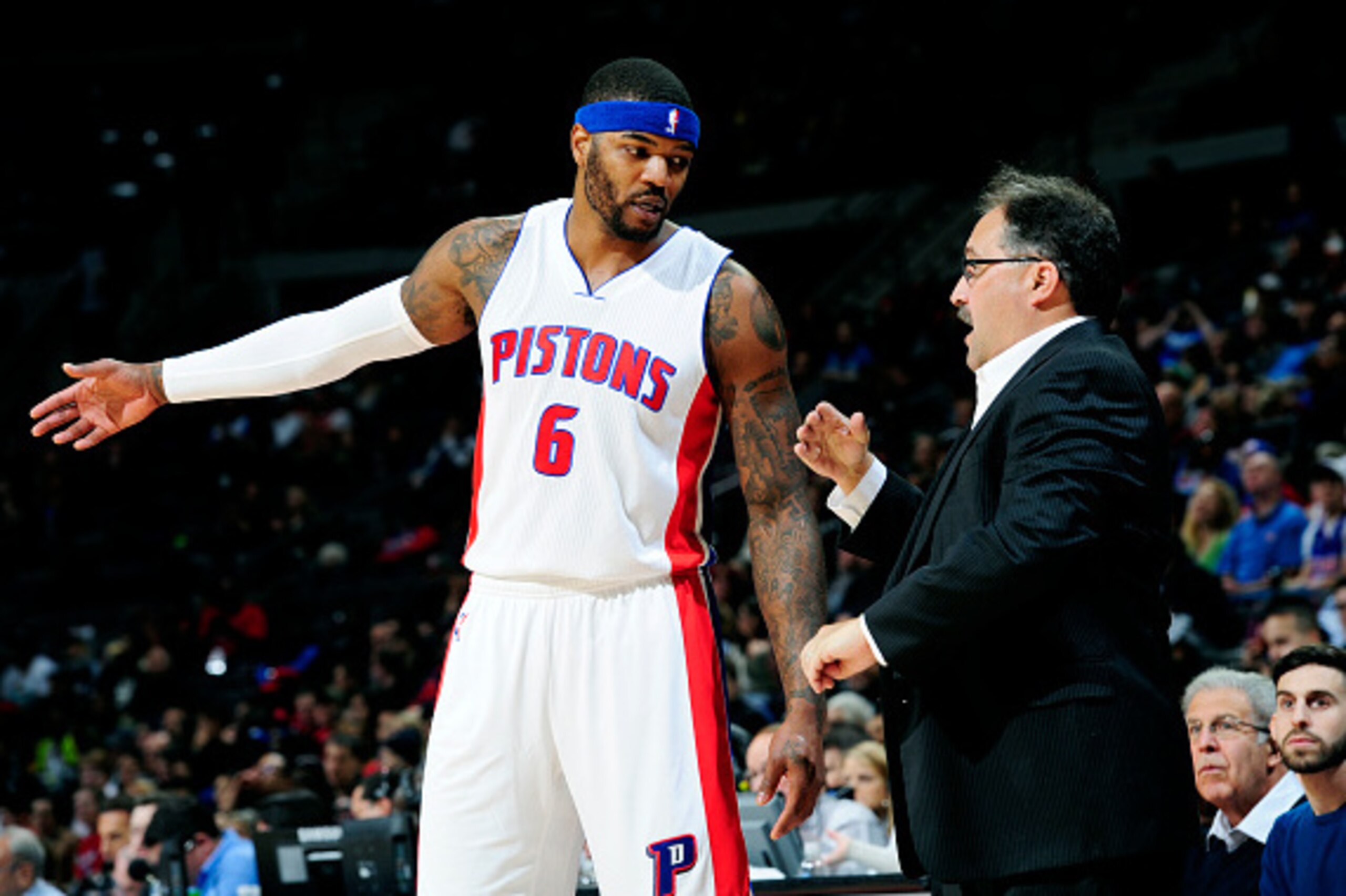 AUBURN HILLS, MI - NOVEMBER 26: Josh Smith #6 and Stan Van Gundy of the Detroit Pistons speak during a game against the Los Angeles Clippers on November 26, 2014 at The Palace of Auburn Hills in Auburn Hills, Michigan. NOTE TO USER: User expressly acknowl