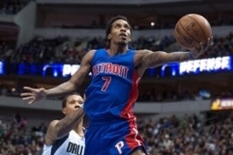 Jan 7, 2015; Dallas, TX, USA; Detroit Pistons guard Brandon Jennings (7) drives to the basket against the Dallas Mavericks during the second half at the American Airlines Center. The Pistons defeated the Mavericks 108-95. Mandatory Credit: Jerome Miron-US