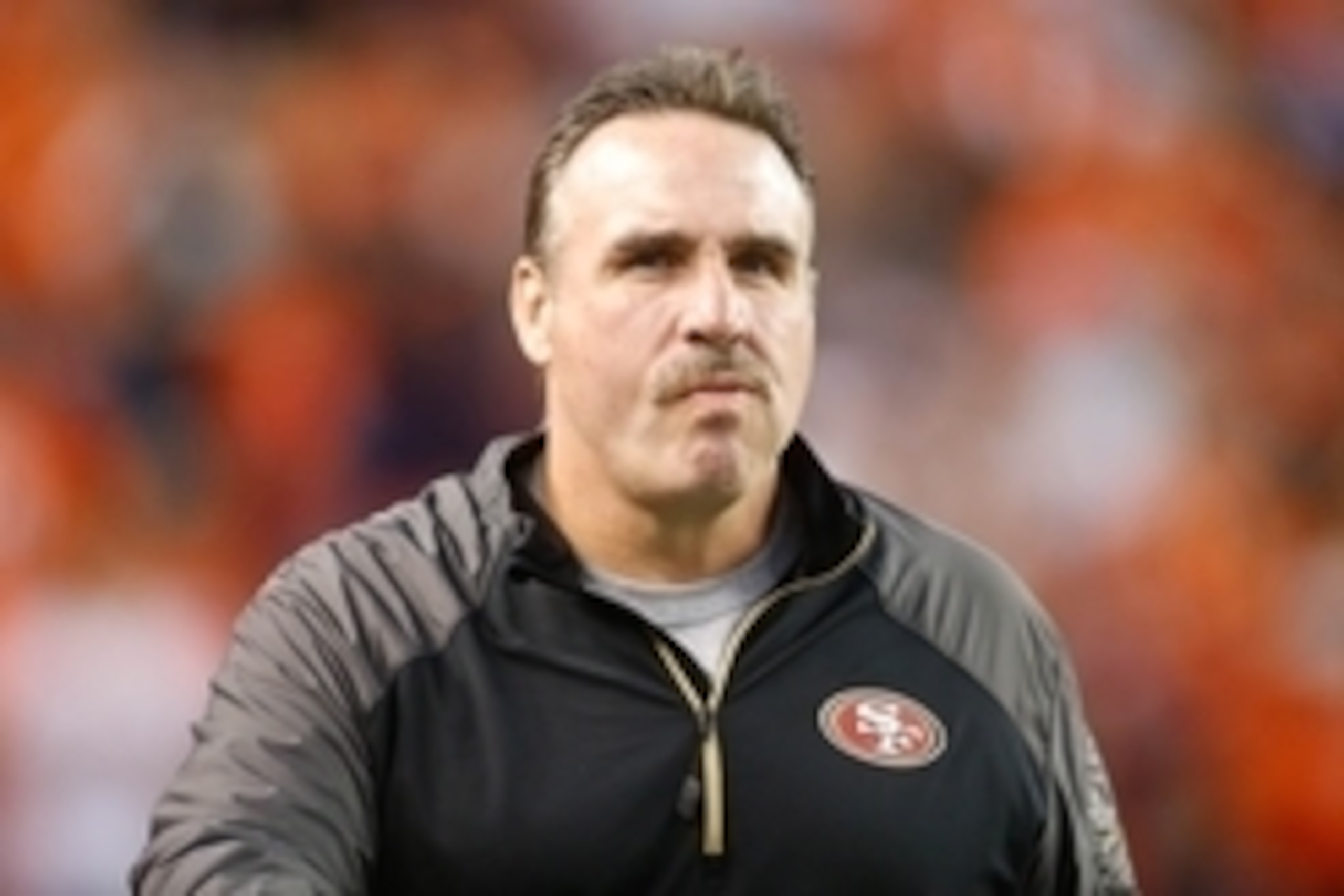 Oct 19, 2014; Denver, CO, USA; San Francisco 49ers defensive line coach Jim Tomsula before the game against the Denver Broncos at Sports Authority Field at Mile High. Mandatory Credit: Chris Humphreys-USA TODAY Sports