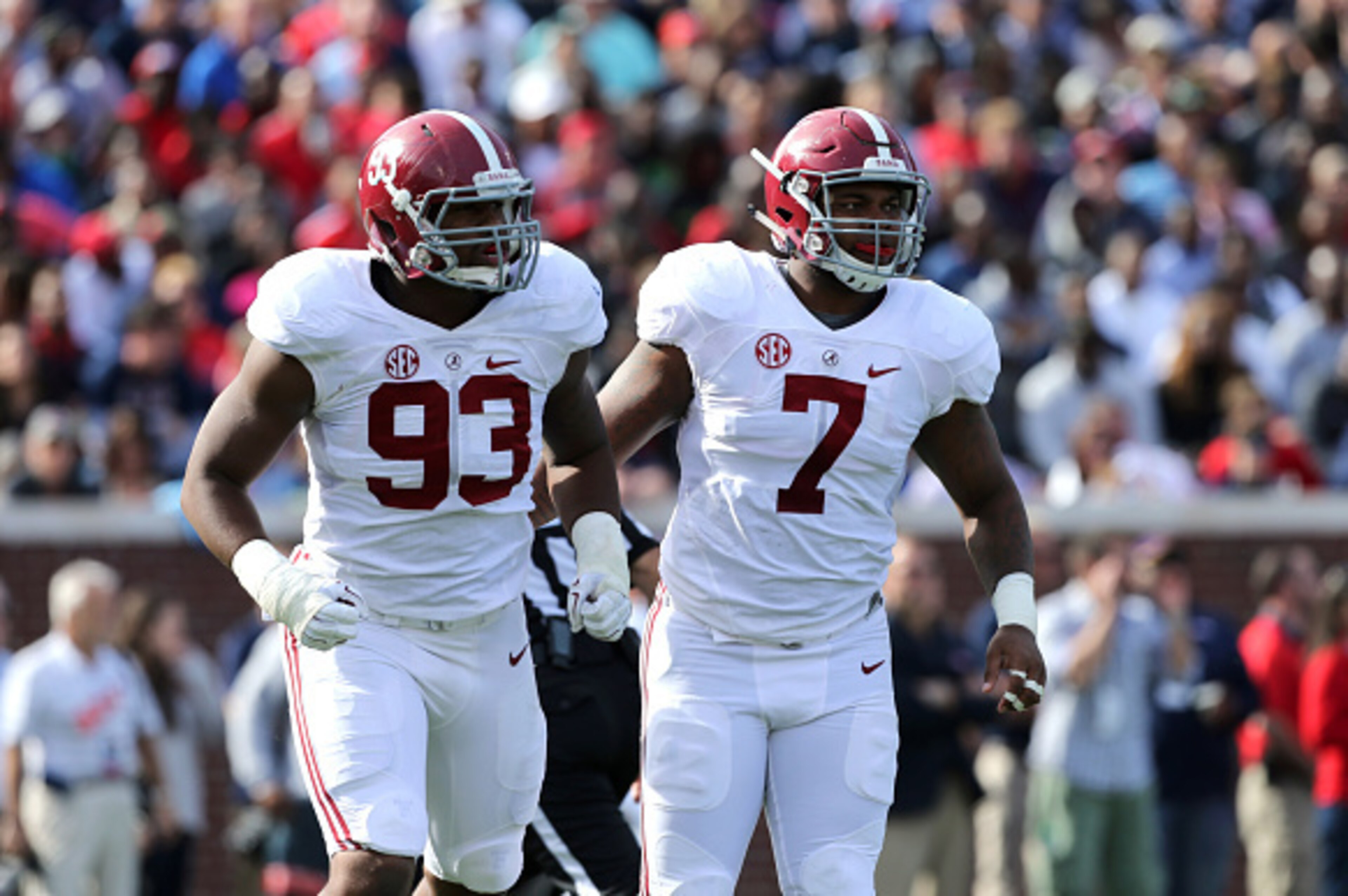 OXFORD, MS - OCTOBER 4: Jonathan Allen #93 and Ryan Anderson #7 of the Alabama Crimson Tide look on against the Ole Miss Rebels on October 4, 2014 at Vaught-Hemingway Stadium in Oxford, Mississippi. Mississippi beat Alabama 23-17. (Photo by Joe Murphy/Get