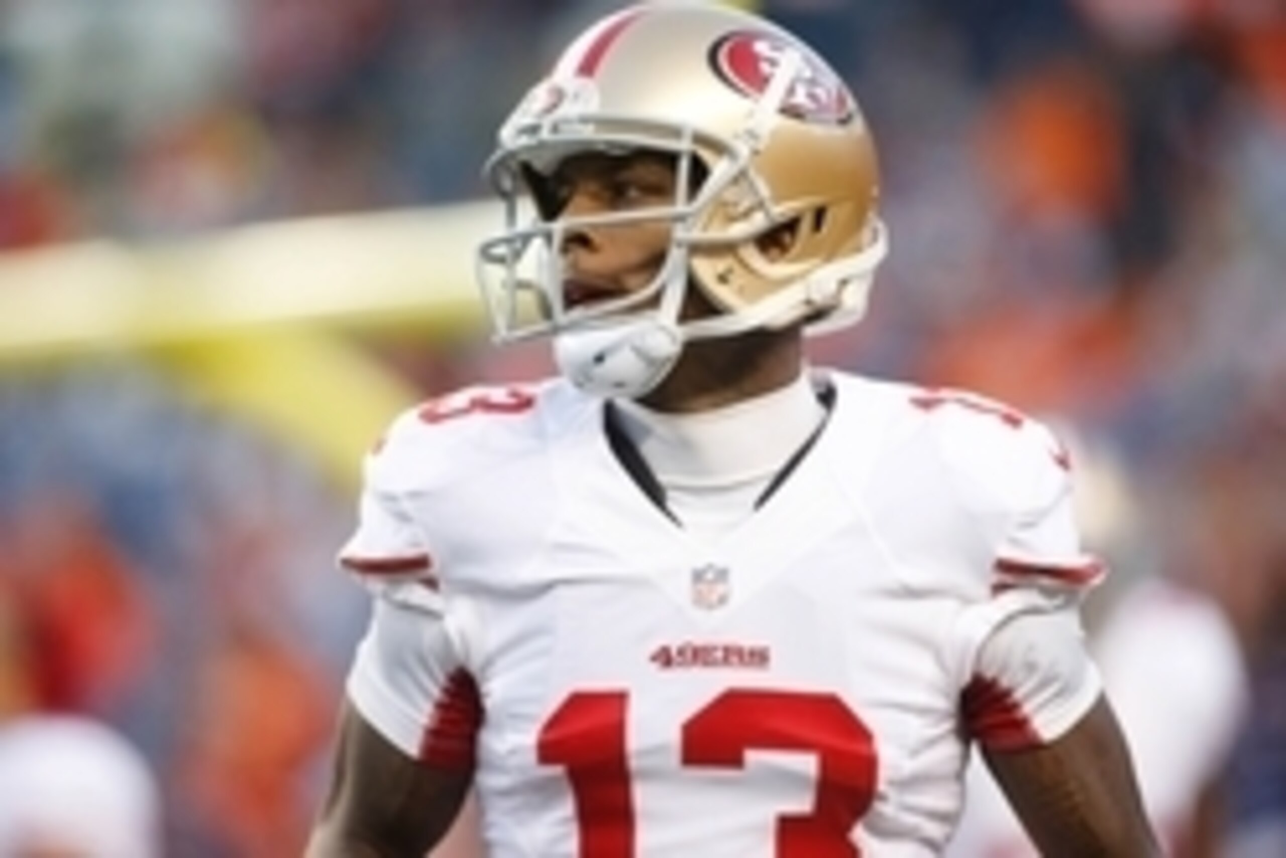 Oct 19, 2014; Denver, CO, USA; San Francisco 49ers wide receiver Steve Johnson (13) before the game against the Denver Broncos at Sports Authority Field at Mile High. Mandatory Credit: Chris Humphreys-USA TODAY Sports