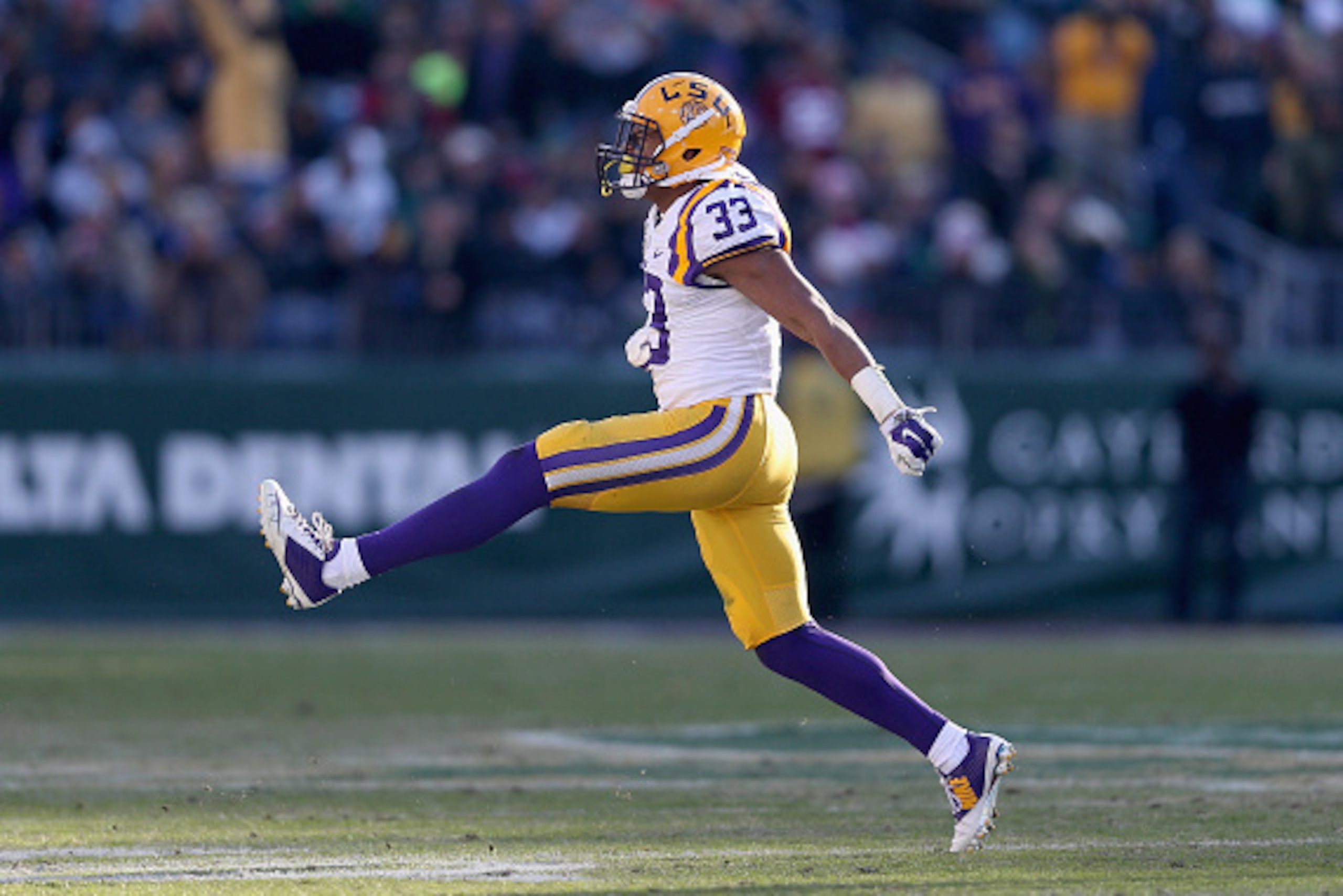 NASHVILLE, TN - DECEMBER 30:  Jamal Adams #33 of the LSU Tigers celebrates after a defensive stop of the Notre Dame Fighting Irish during the Franklin American Mortgage Music City Bowl at LP Field on December 30, 2014 in Nashville, Tennessee.  (Photo by A