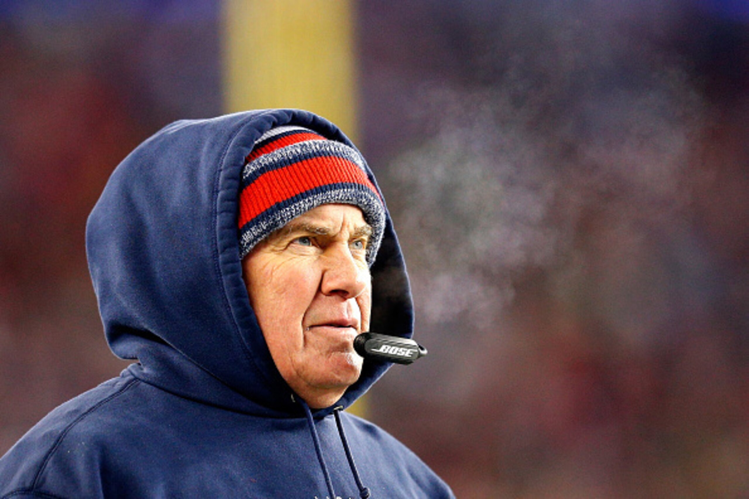 FOXBORO, MA - JANUARY 10: Head coach Bill Belichick of the New England Patriots looks on from the sideline in the second half against the Baltimore Ravens during the 2015 AFC Divisional Playoffs game at Gillette Stadium on January 10, 2015 in Foxboro, Mas