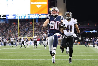 FOXBORO, MA - JANUARY 10: Danny Amendola #80 of the New England Patriots scores a touchdown in the third quarter against the Baltimore Ravens during the 2015 AFC Divisional Playoffs game at Gillette Stadium on January 10, 2015 in Foxboro, Massachusetts. FOXBORO, MA - JANUARY 10: Danny Amendola #80 of the New England Patriots scores a touchdown in the third quarter against the Baltimore Ravens during the 2015 AFC Divisional Playoffs game at Gillette Stadium on January 10, 2015 in Foxboro, Massachusetts.