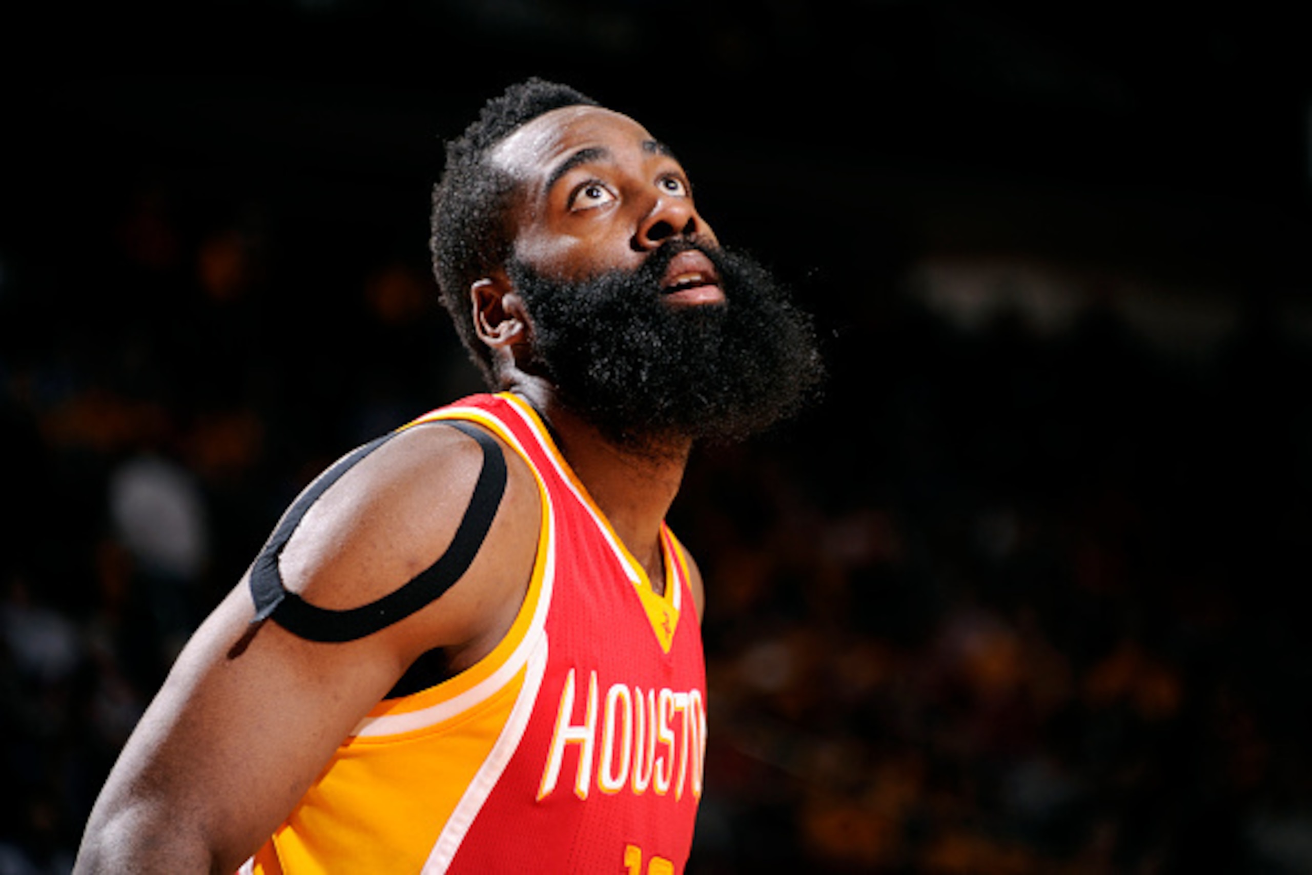 HOUSTON, TX - JANUARY 15: James Harden #13 of the Houston Rockets stands on the court during a game against the Oklahoma City Thunder on January 15, 2015 at the Toyota Center in Houston, Texas. NOTE TO USER: User expressly acknowledges and agrees that, by