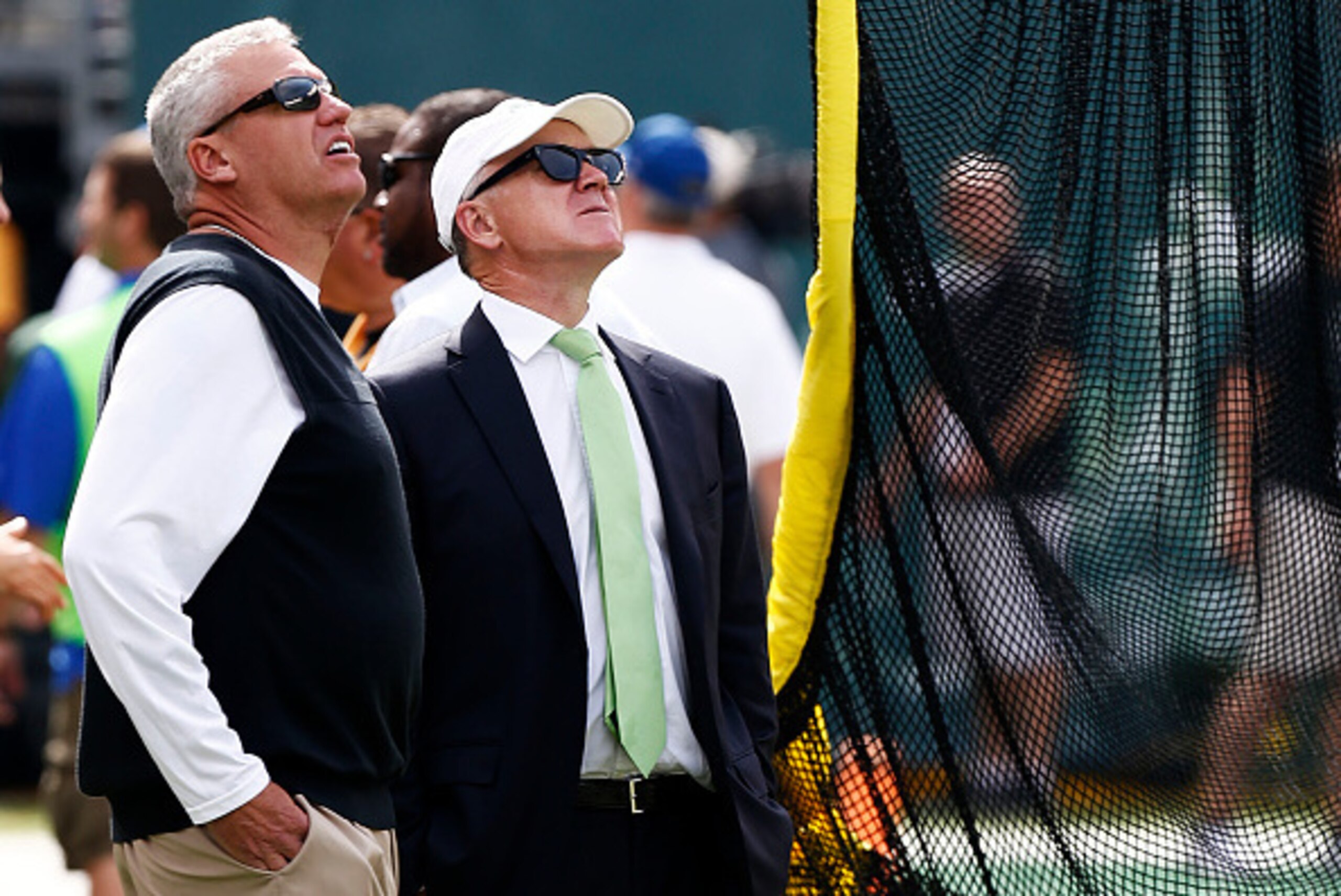 EAST RUTHERFORD, NJ - SEPTEMBER 28:  Woody Johnson (R), owner of the New York Jets, talks to head coach Rex Ryan prior to their game against the Detroit Lions at MetLife Stadium on September 28, 2014 in East Rutherford, New Jersey.  (Photo by Jeff Zelevan
