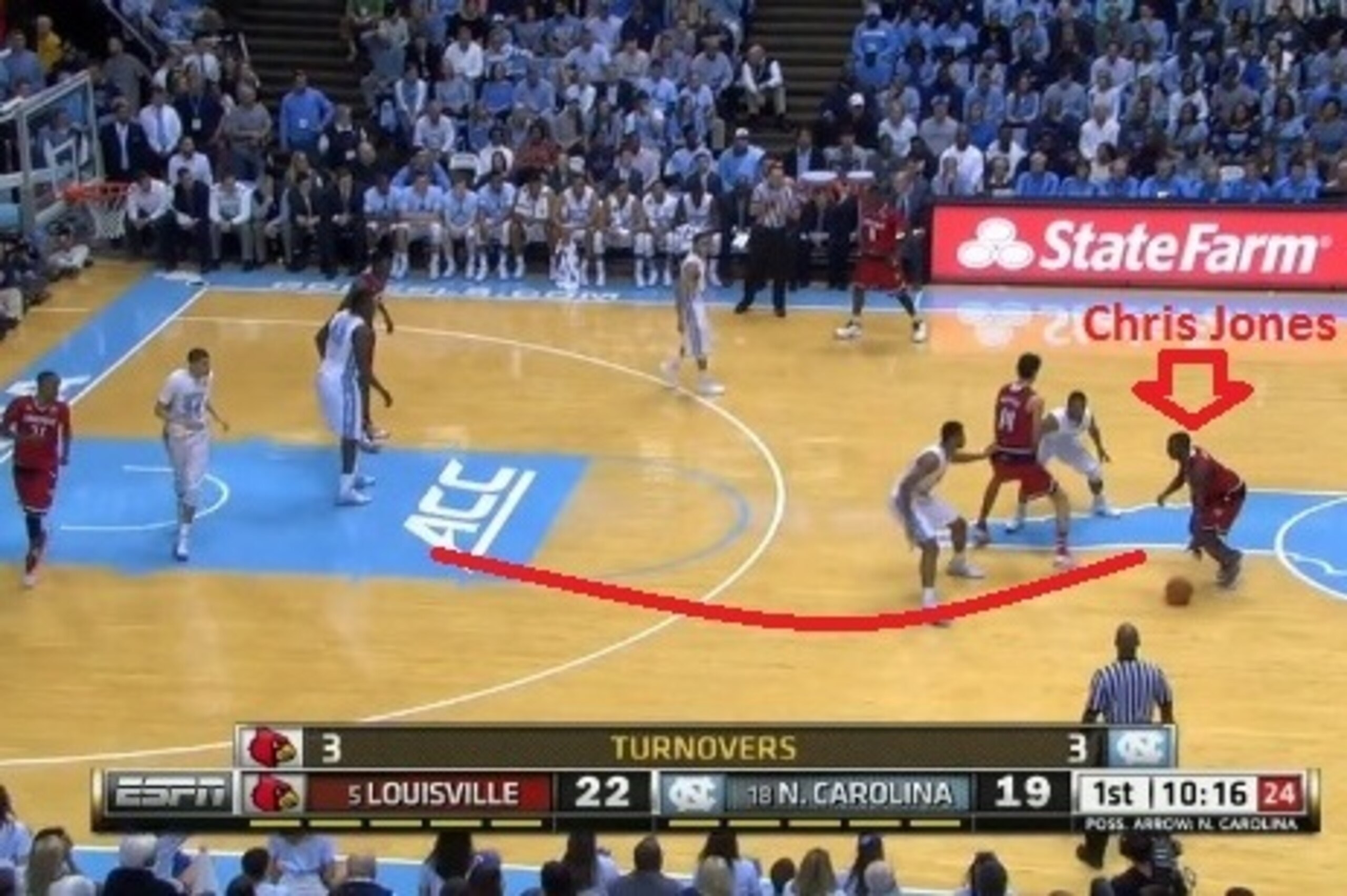 Chris Jones drives into lane off high ball screen, setting up Chinanu Onuaku for an alley-oop.