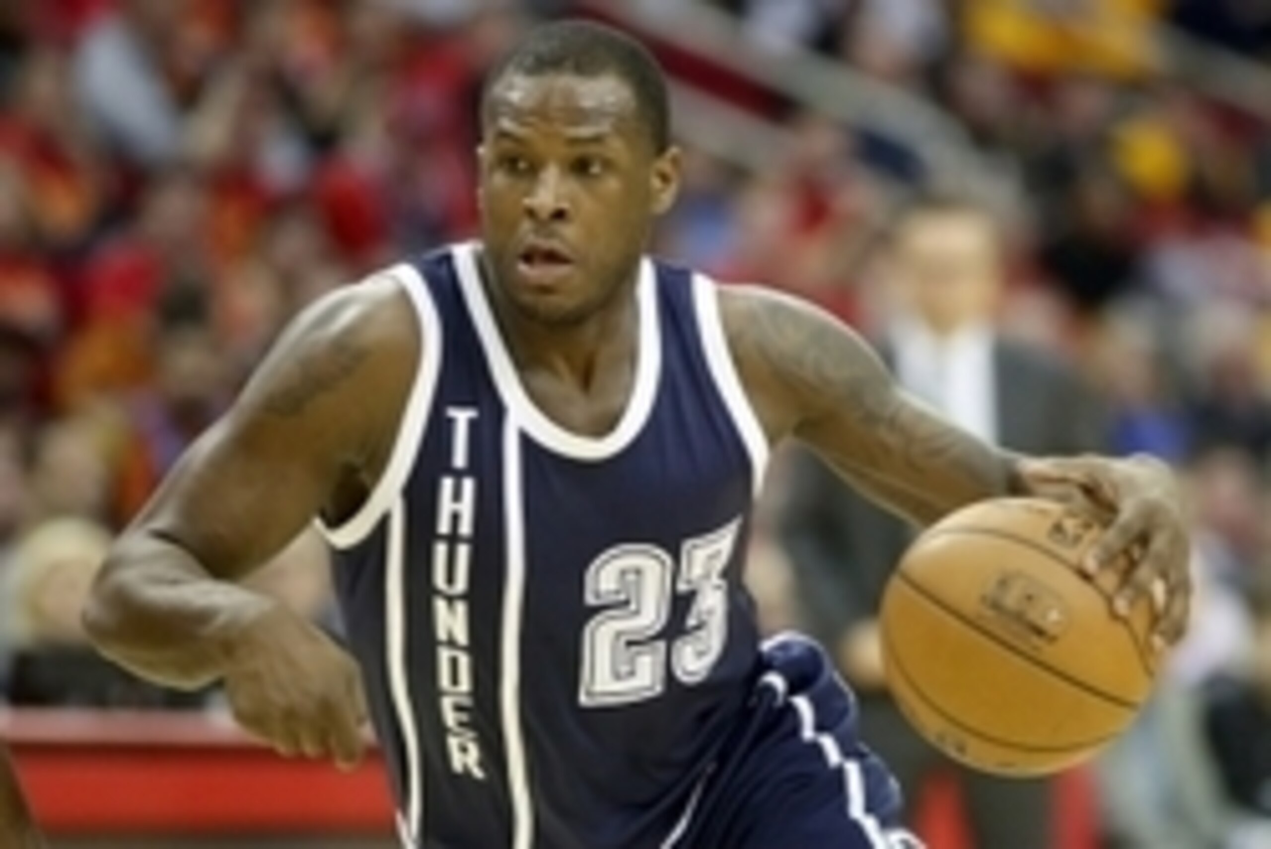 Jan 15, 2015; Houston, TX, USA;  Oklahoma City Thunder guard Dion Waiters (23) dribbles the ball against the Houston Rockets in the second half at Toyota Center. The Rockets won 112 =101. Mandatory Credit: Thomas B. Shea-USA TODAY Sports