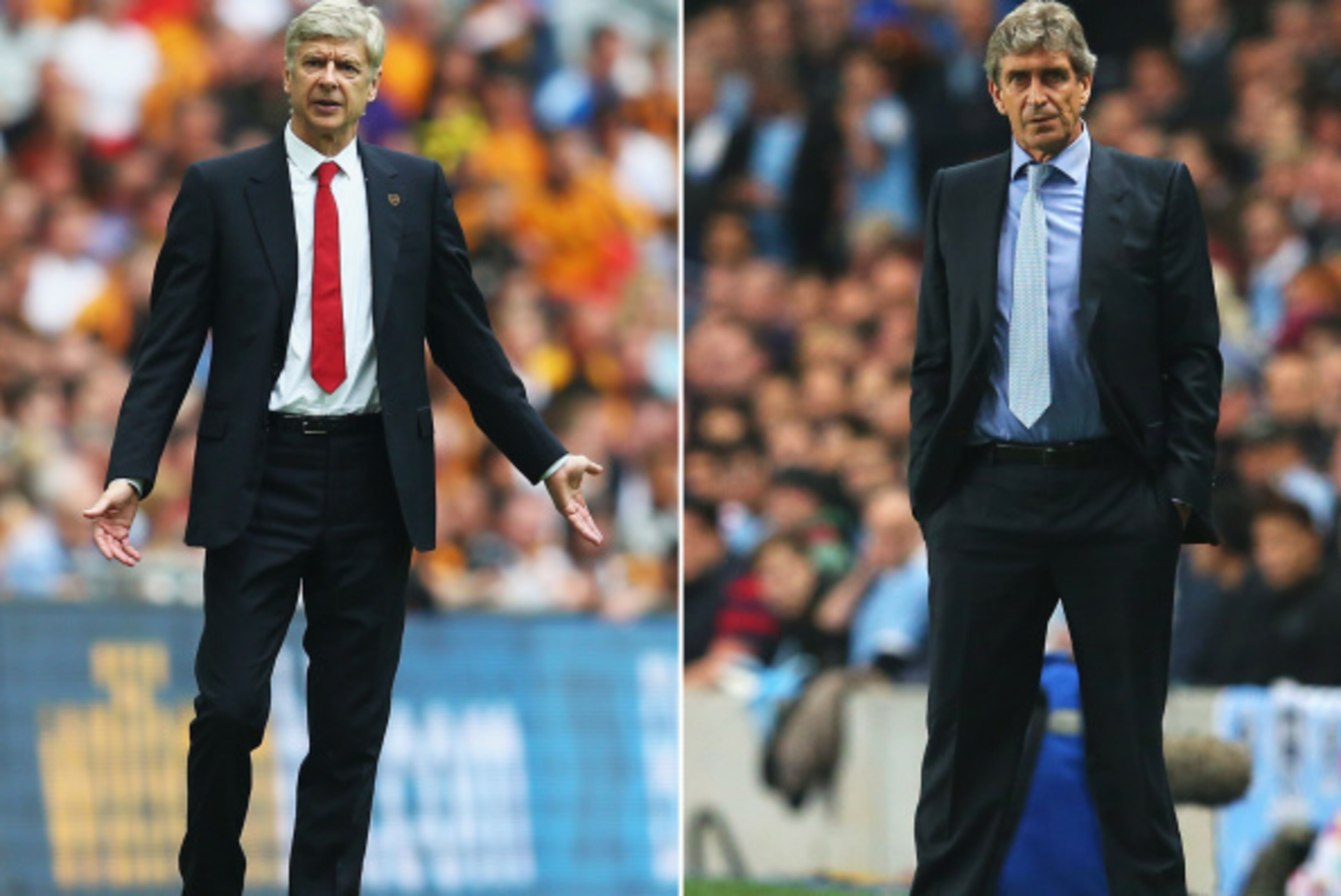 FILE PHOTO - (EDITORS NOTE: COMPOSITE OF TWO IMAGES - Image numbers (L) 491737577 and 182933633) In this composite image a comparision has been made between Arsene Wenger, Manager of Arsenal (L) and Manuel Pellegrini, Manager of Manchester City.  Manchest