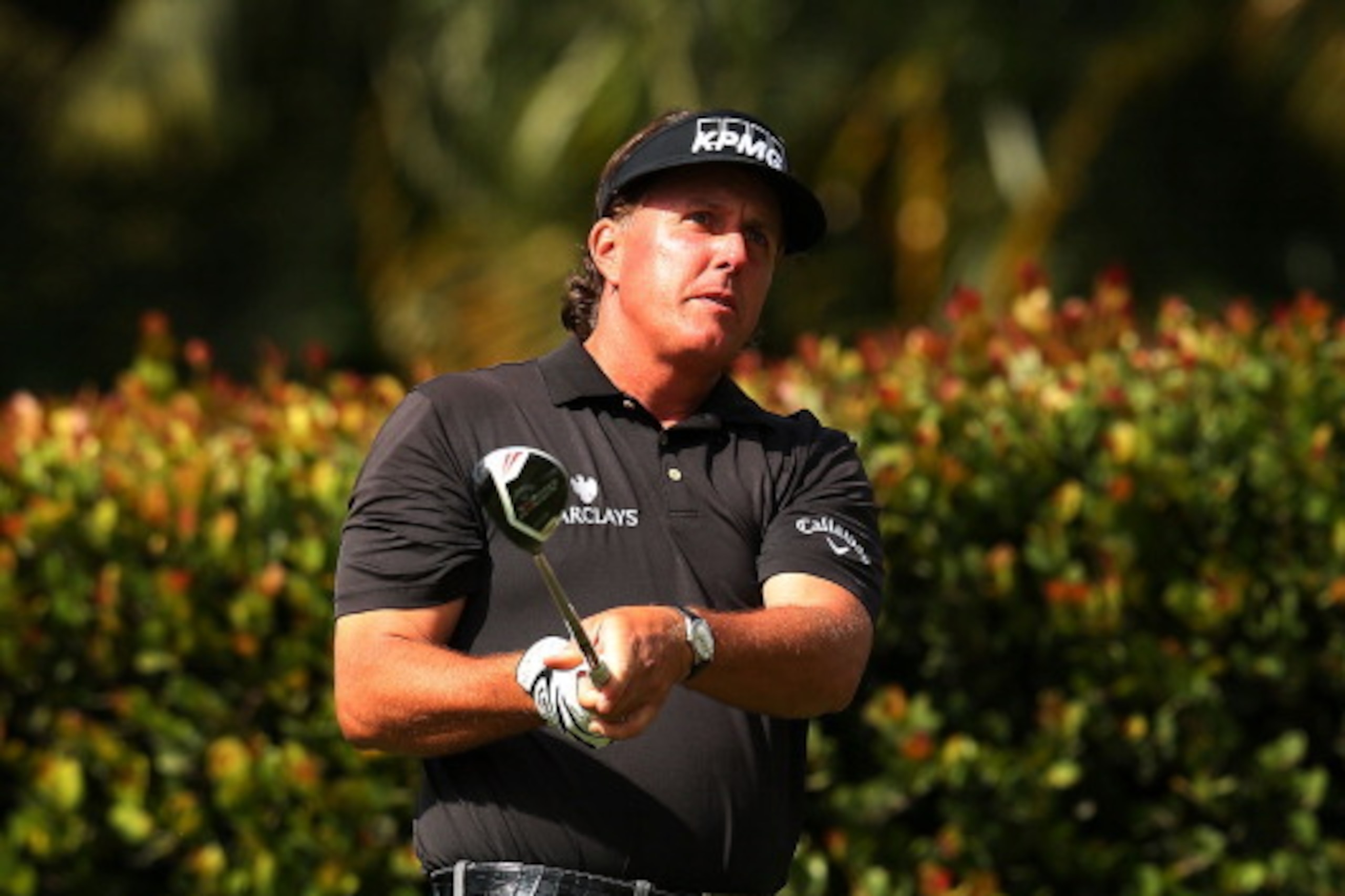 DORAL, FL - MARCH 10:  Phil Mickelson watches his tee shot on the sixth hole during the final round of the World Golf Championships-Cadillac Championship at the Trump Doral Golf Resort & Spa on March 10, 2013 in Doral, Florida.  (Photo by Mike Ehrmann/Get