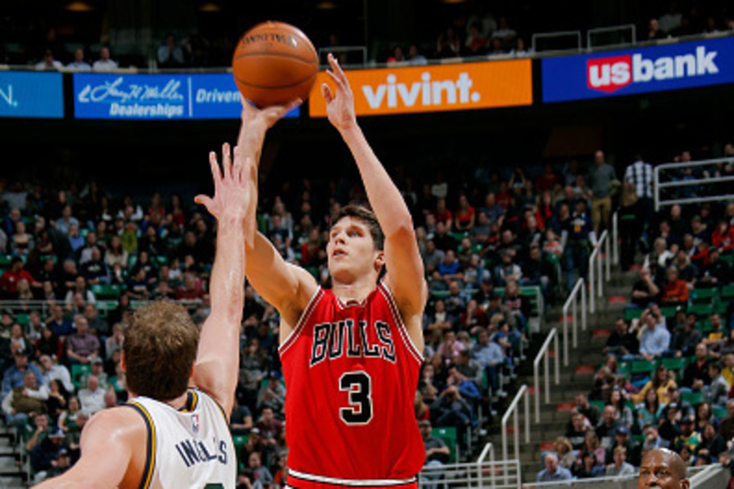 SALT LAKE CITY, UT - NOVEMBER 24: Doug McDermott #3 of the Chicago Bulls shoots against the Utah Jazz at EnergySolutions Arena on November 24, 2014 in Salt Lake City, Utah. NOTE TO USER: User expressly acknowledges and agrees that, by downloading and or u