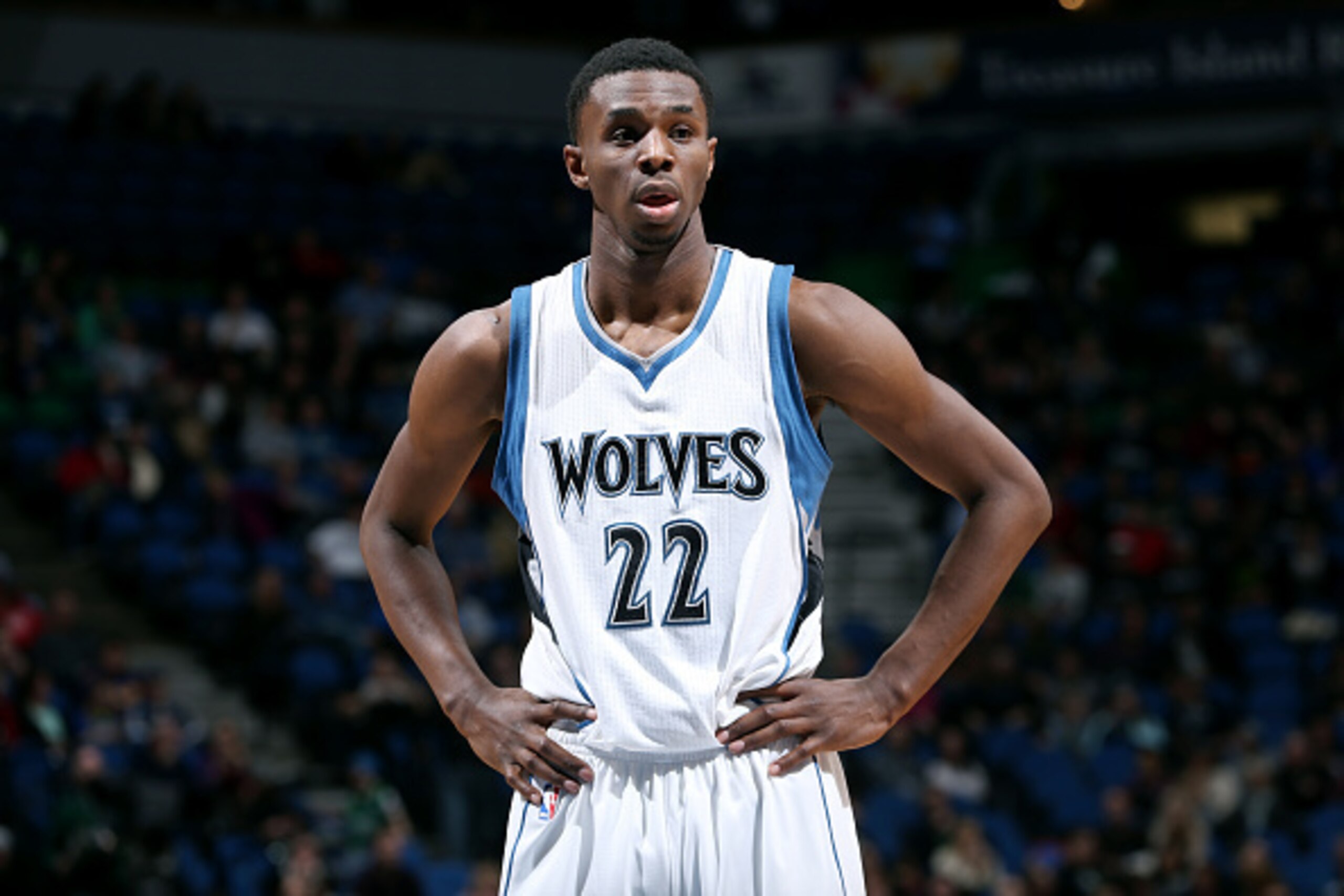MINNEAPOLIS, MN - JANUARY 10: Andrew Wiggins #22 of the Minnesota Timberwolves stands on the court during a game against the San Antonio Spurs on January 10, 2015 at Target Center in Minneapolis, Minnesota. NOTE TO USER: User expressly acknowledges and ag