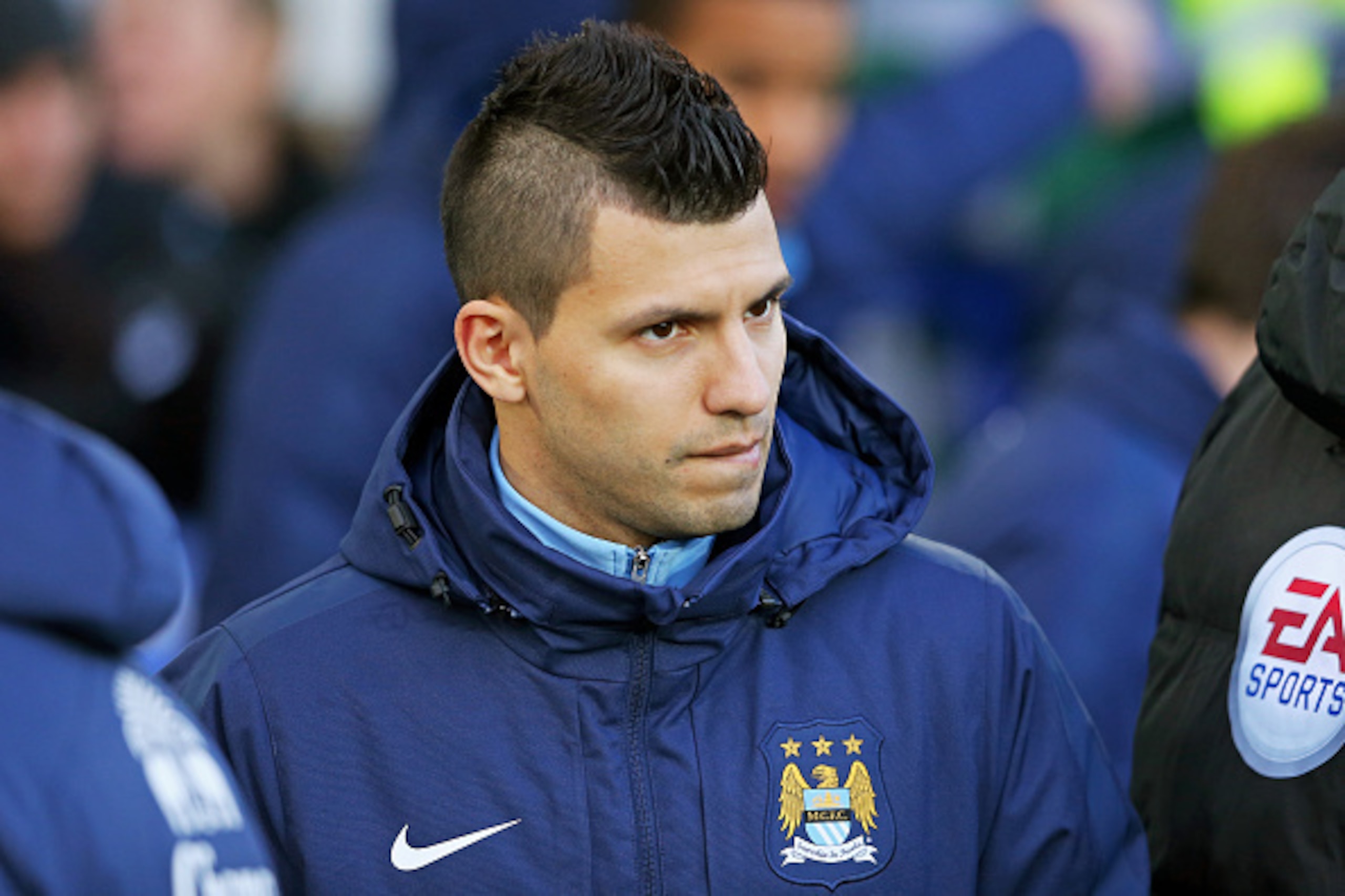 LIVERPOOL, ENGLAND - JANUARY 10:  Substitute Sergio Aguero of Manchester City looks on during the Barclays Premier League match between Everton and Manchester City at Goodison Park on January 10, 2015 in Liverpool, England.  (Photo by Alex Livesey/Getty I