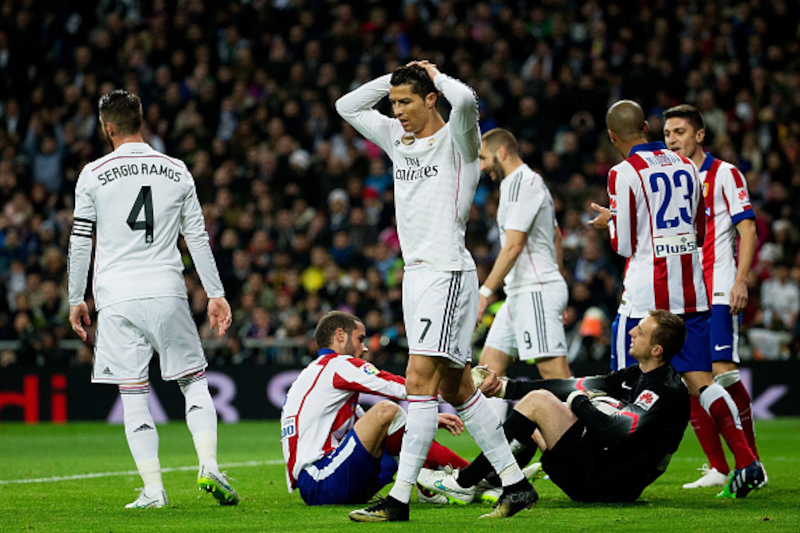 MADRID, SPAIN - JANUARY 15: Cristiano Ronaldo of Real Madrid CF reacts after failing to score during the Copa del Rey Round of 16  second leg match between Real Madrid CF and Club Atletico de Madrid at Estadio Santiago Bernabeu on January 15, 2015 in Madr
