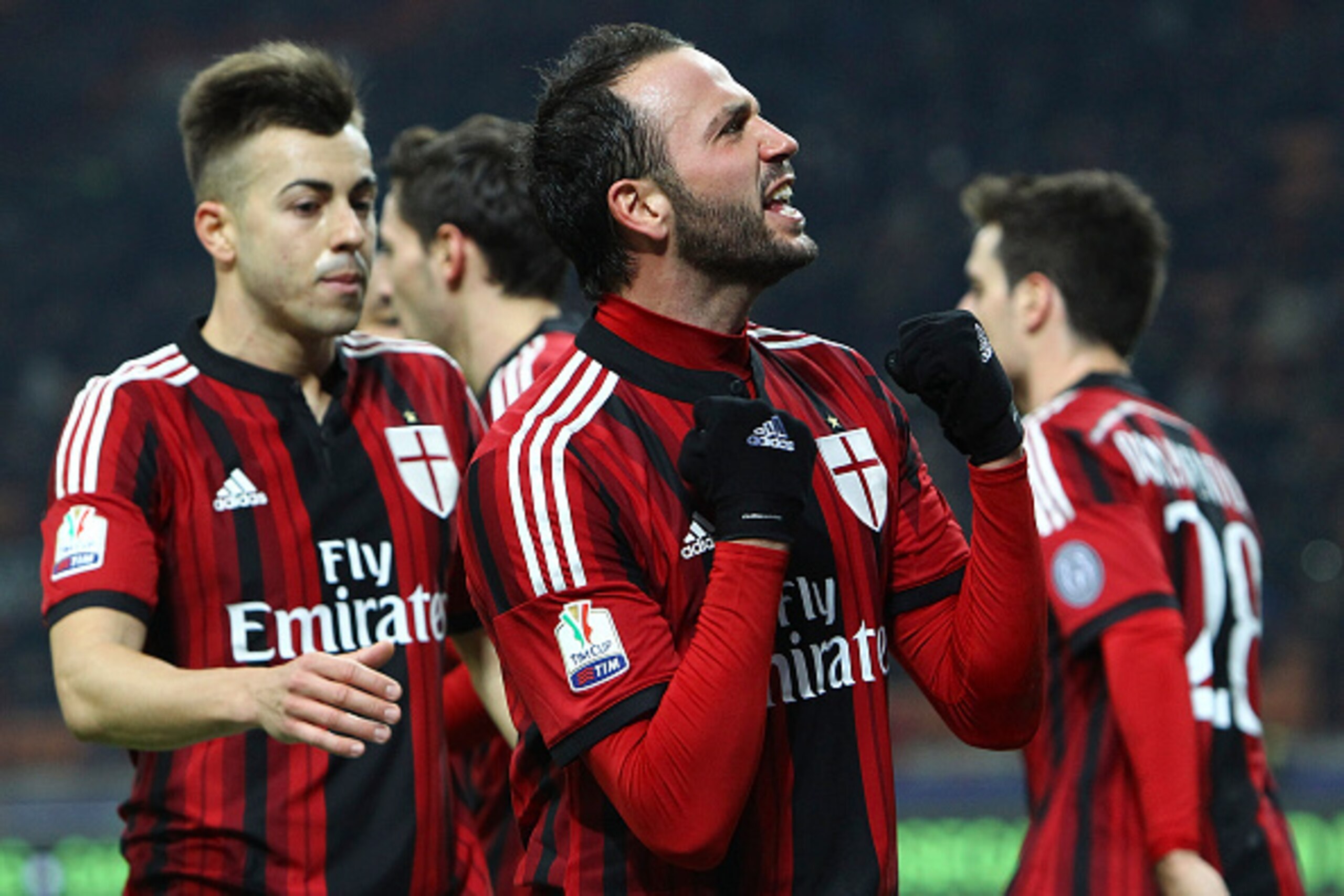 MILAN, ITALY - JANUARY 13: Giampaolo Pazzini of AC Milan celebrates after scoring the opening goal during the TIM Cup match between AC Milan and US Sassuolo Calcio at Stadio Giuseppe Meazza on January 13, 2015 in Milan, Italy. (Photo by Marco Luzzani/Ge MILAN, ITALY - JANUARY 13: Giampaolo Pazzini of AC Milan celebrates after scoring the opening goal during the TIM Cup match between AC Milan and US Sassuolo Calcio at Stadio Giuseppe Meazza on January 13, 2015 in Milan, Italy. (Photo by Marco Luzzani/Ge